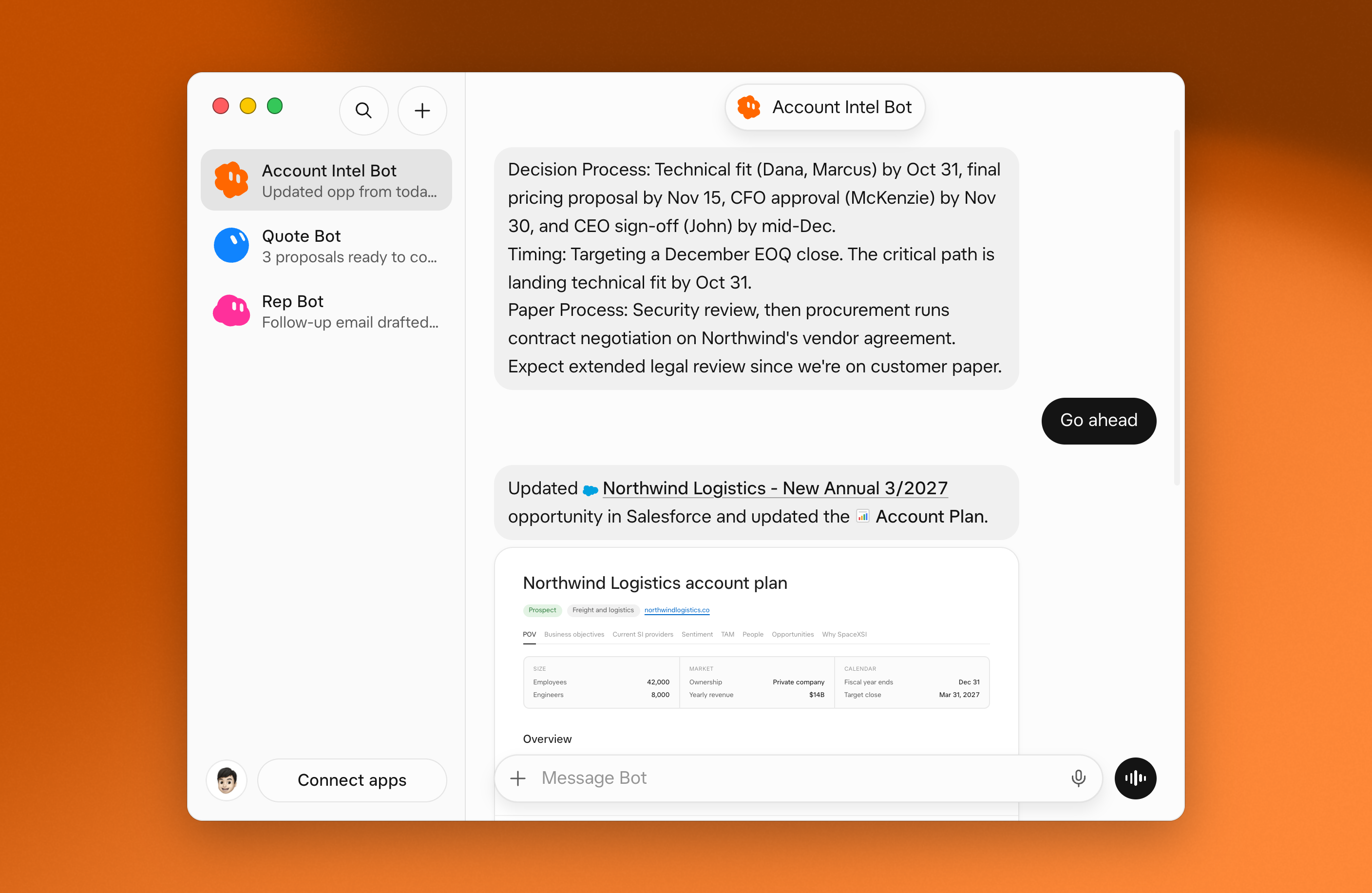Account Intel Bot summarizing next steps from a customer conversation and updating the Salesforce opportunity and account plan