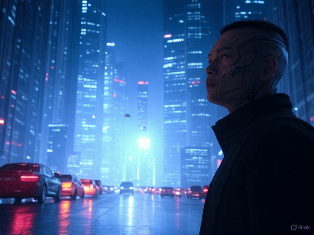 A cyberpunk-inspired city at night, with neon lights, flying cars, and towering skyscrapers.