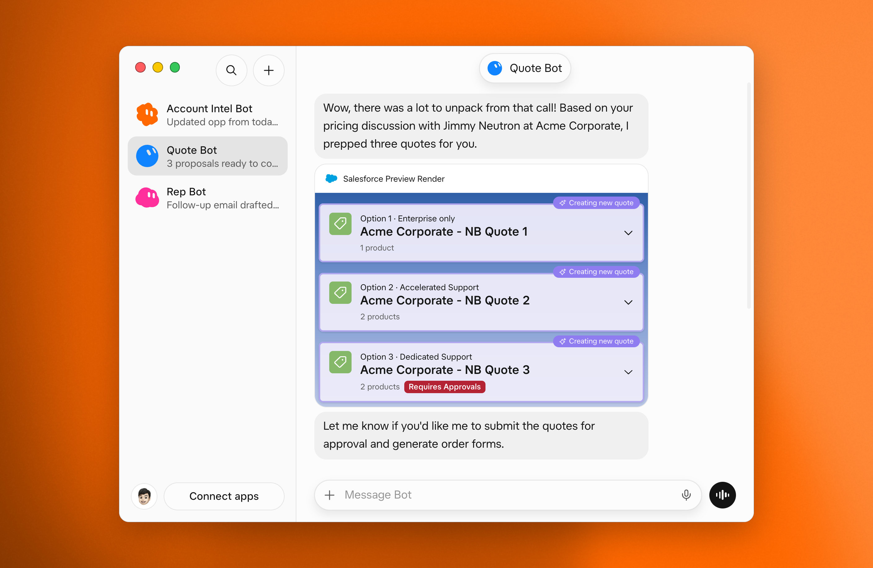Quote Bot presenting three side-by-side Salesforce quote options for the same account