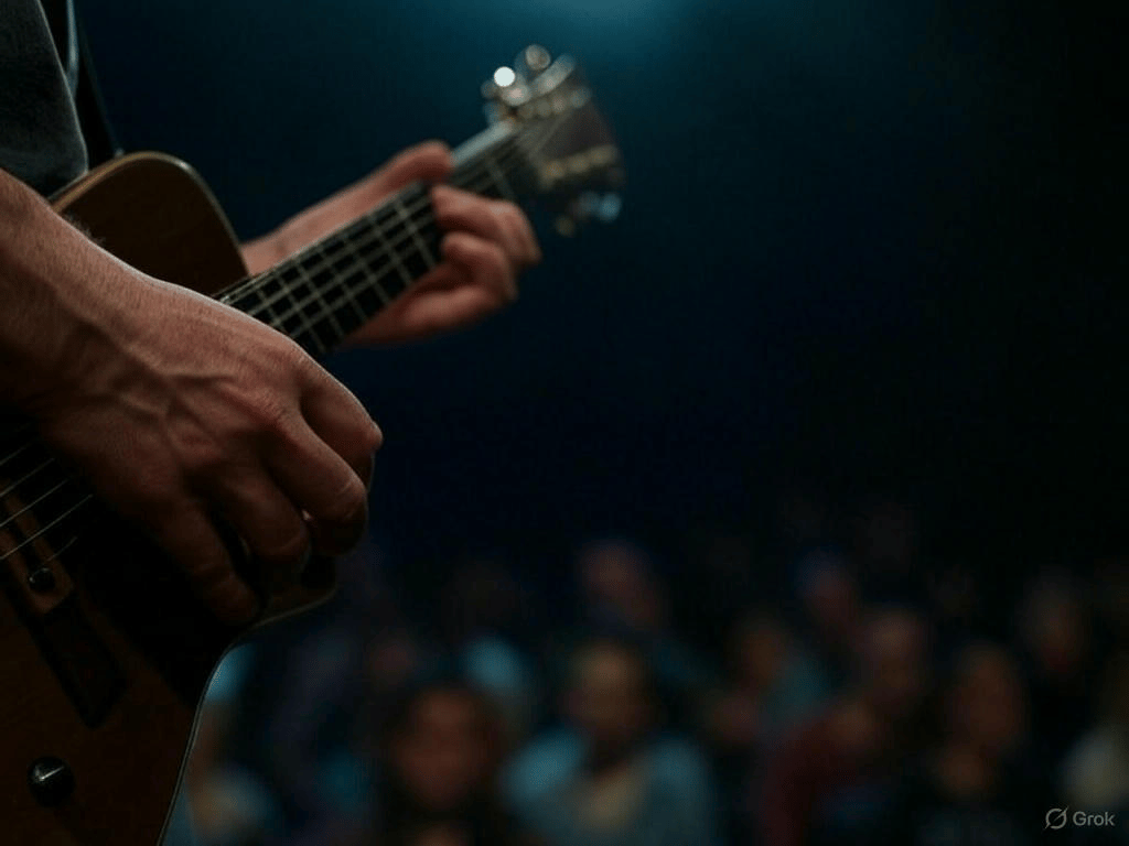 A closeup of a guitar player's hand holding a pick.