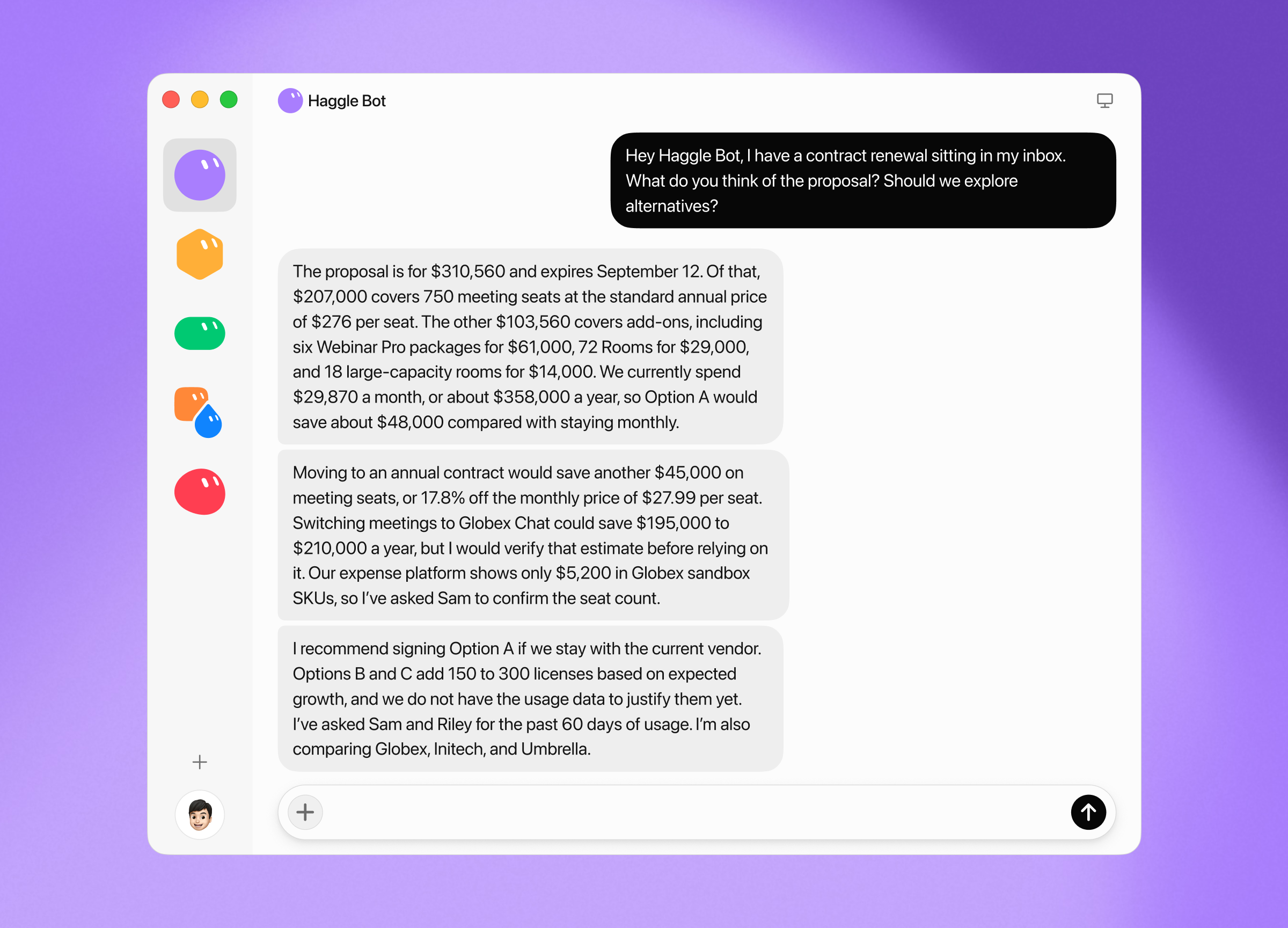 Haggle Bot reviews a contract renewal proposal, breaks the quote down against current spend, and recommends the cheaper option