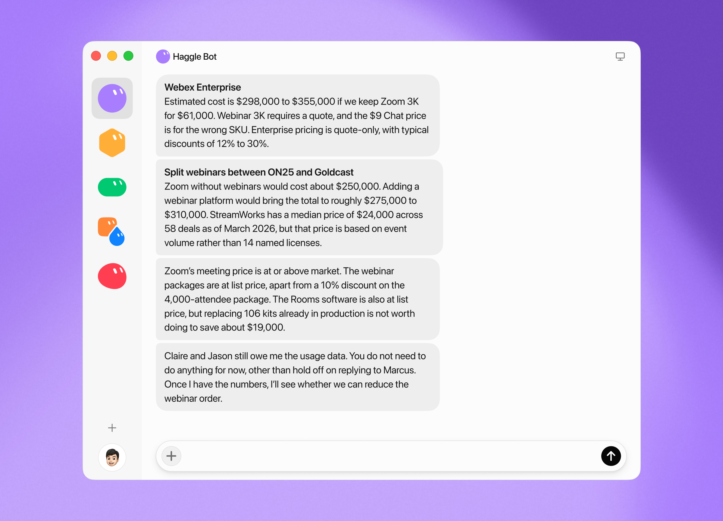 Haggle Bot compares Webex, webinar platforms, and Zoom pricing against the renewal quote