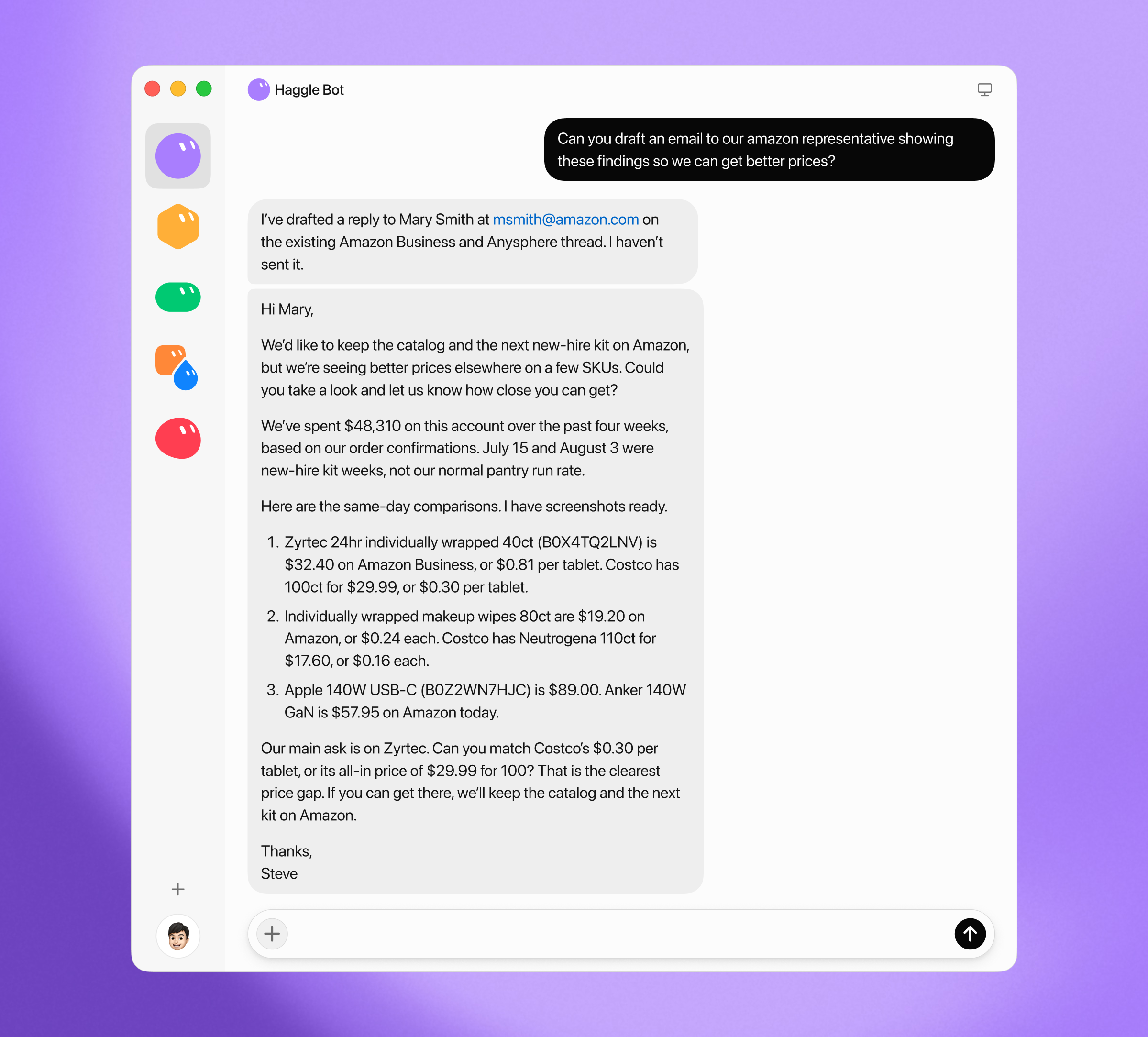 Haggle Bot drafts an email to our Amazon procurement rep citing same-day competitor prices on specific line items