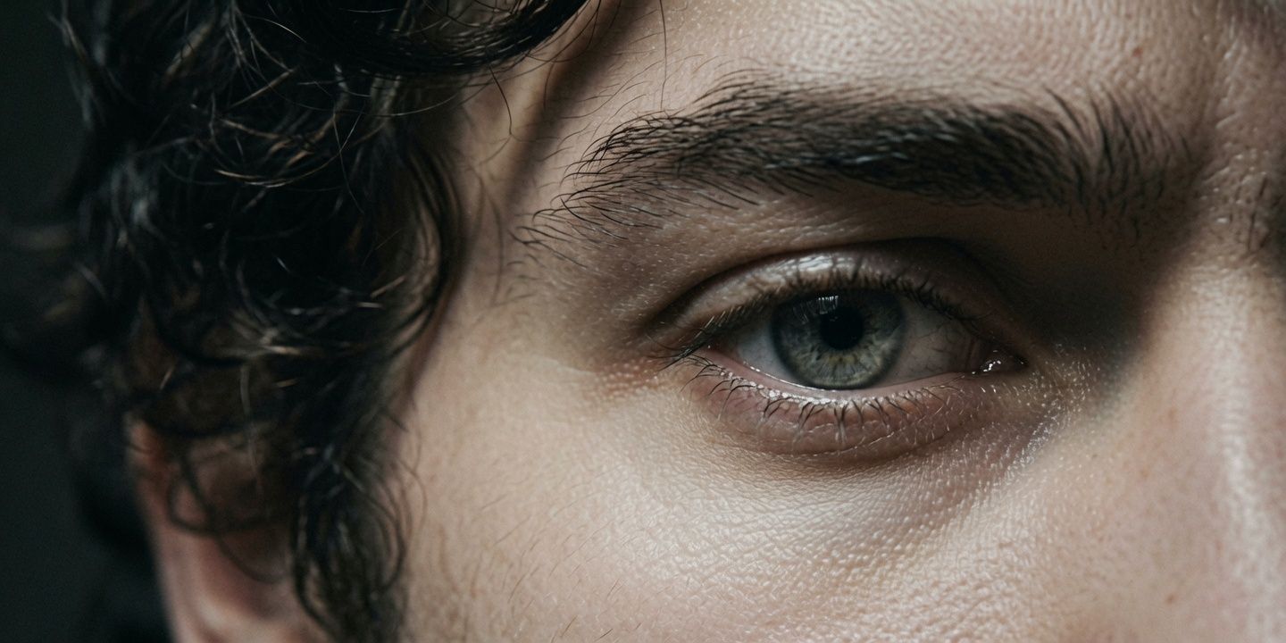 Extreme close-up of a grey-blue eye framed by dark curls and a heavy brow