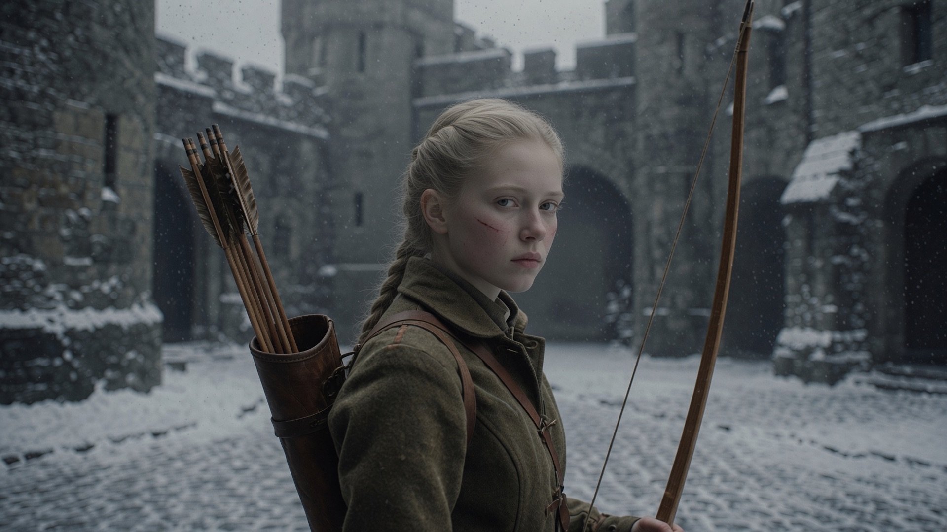 An archer with a braid and a scarred cheek in a snowbound castle courtyard