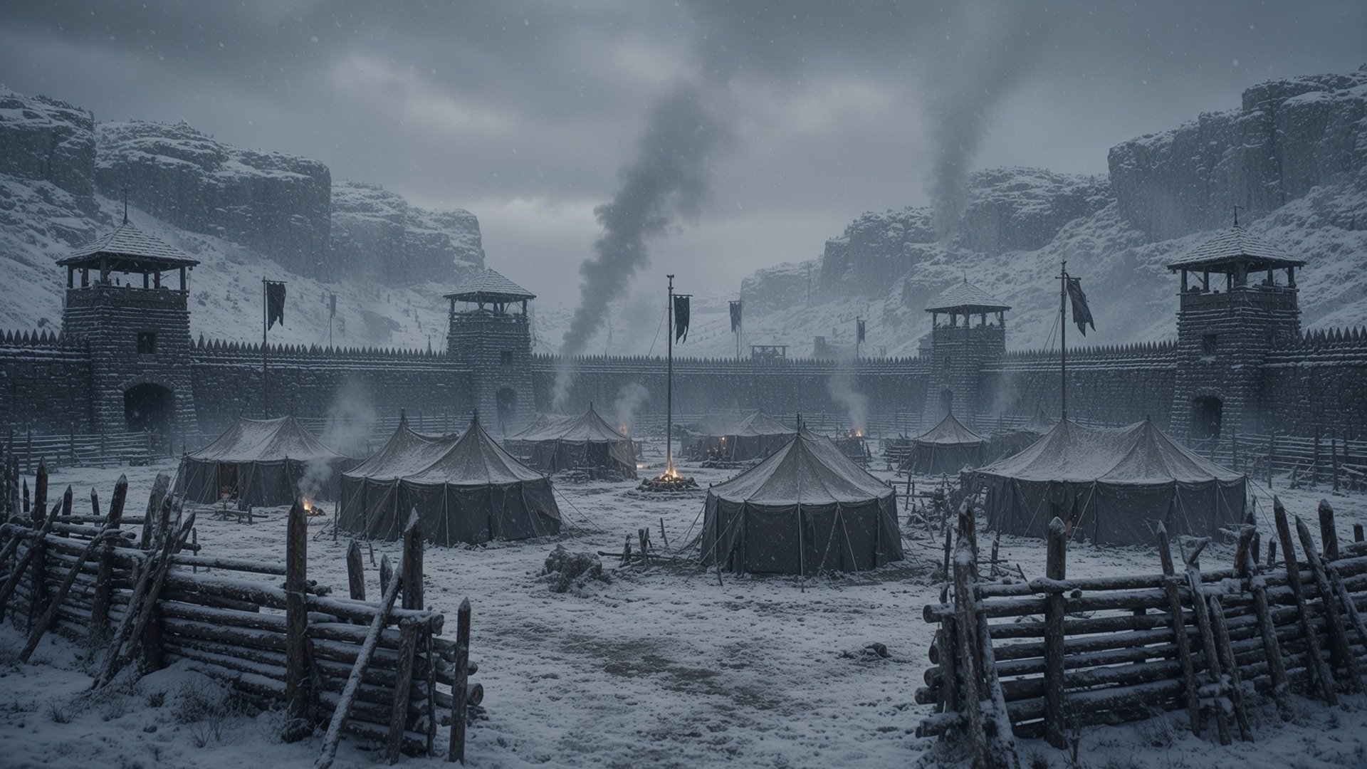 A walled war camp of tents and watchtowers under snowfall