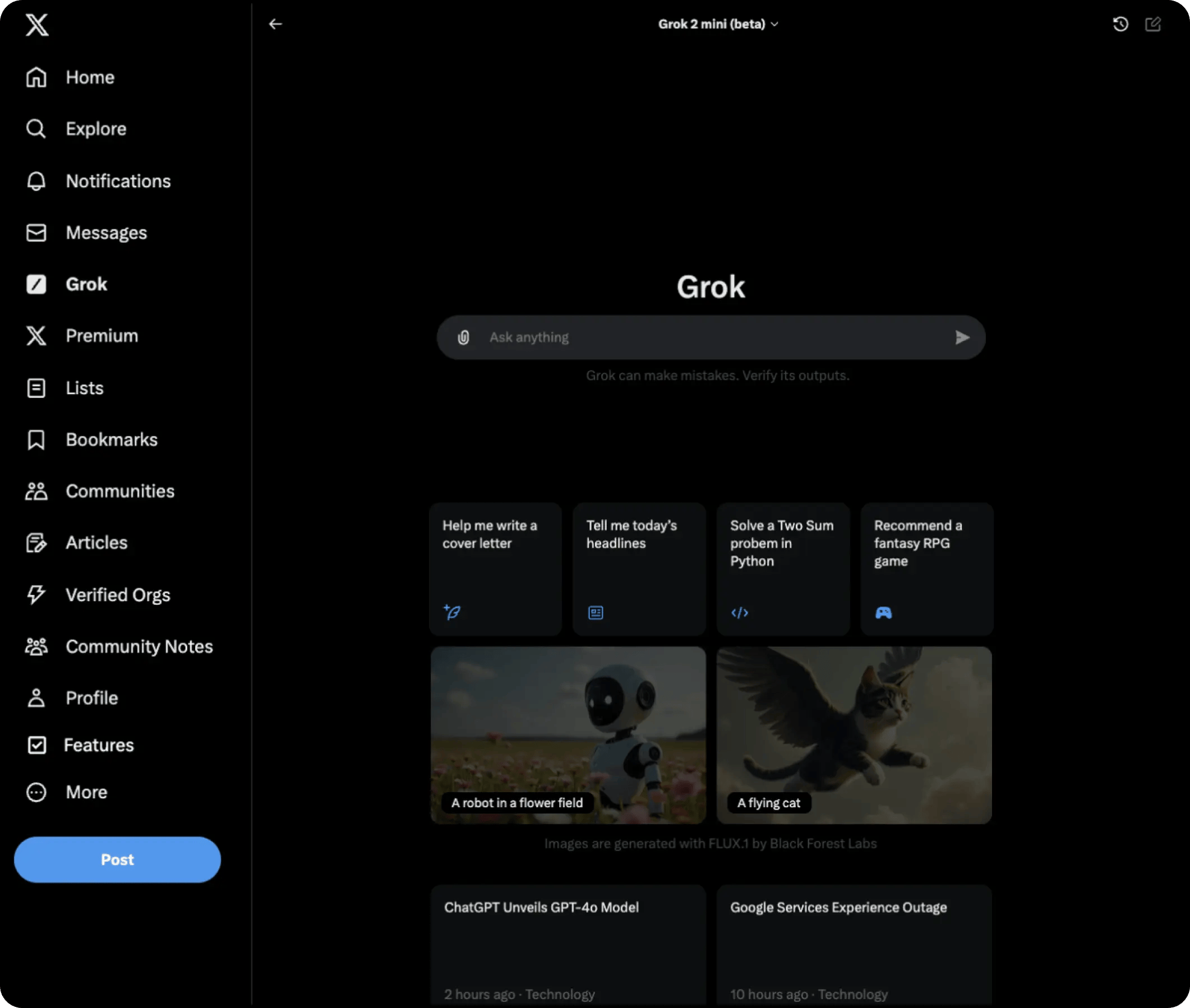X App Grok page with Grok mini