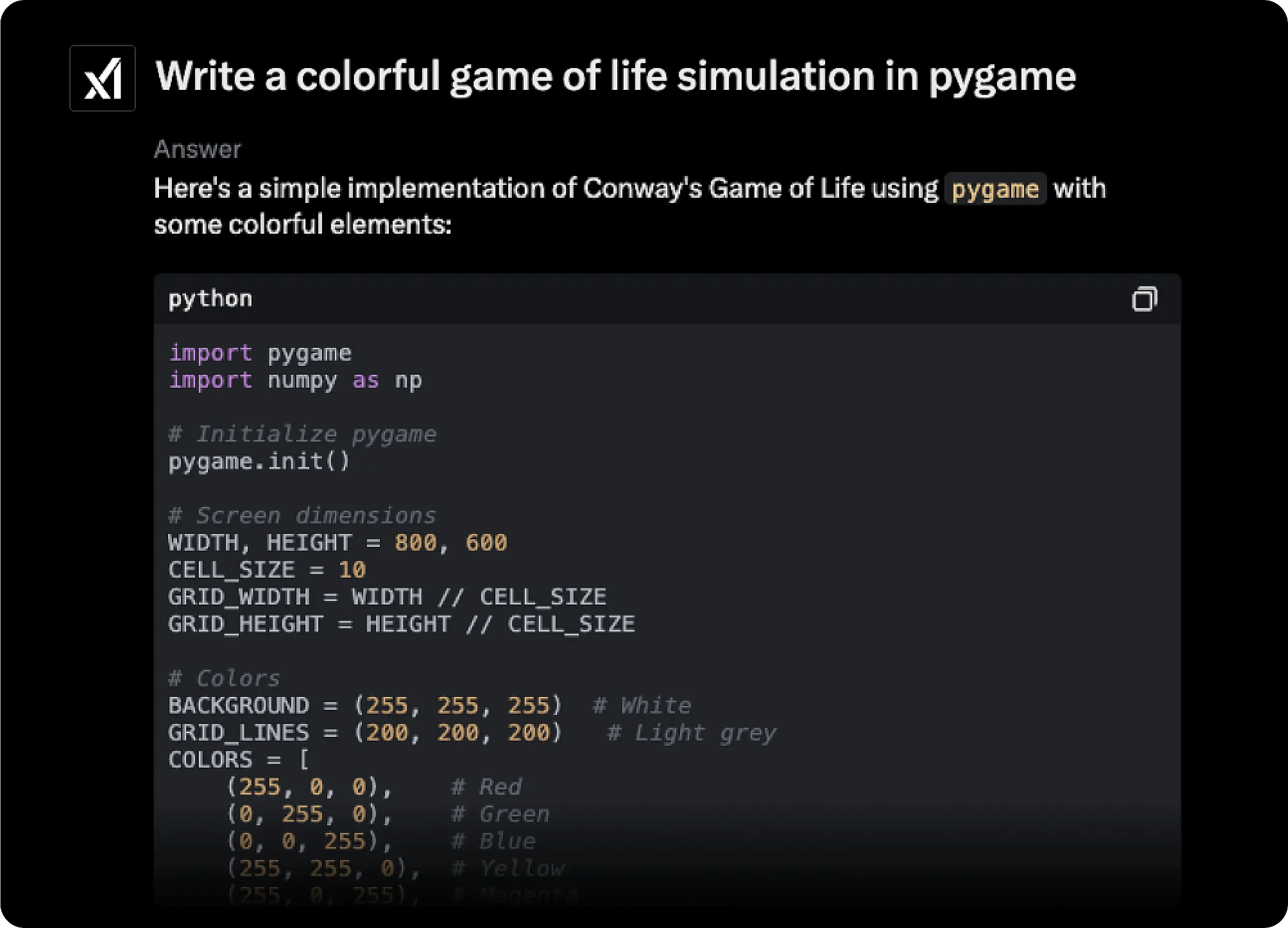 Grok's response to a coding question