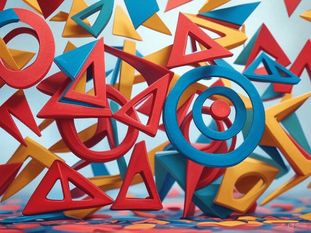 An abstract composition using geometric shapes and vibrant colors, evoking a sense of energy and movement.