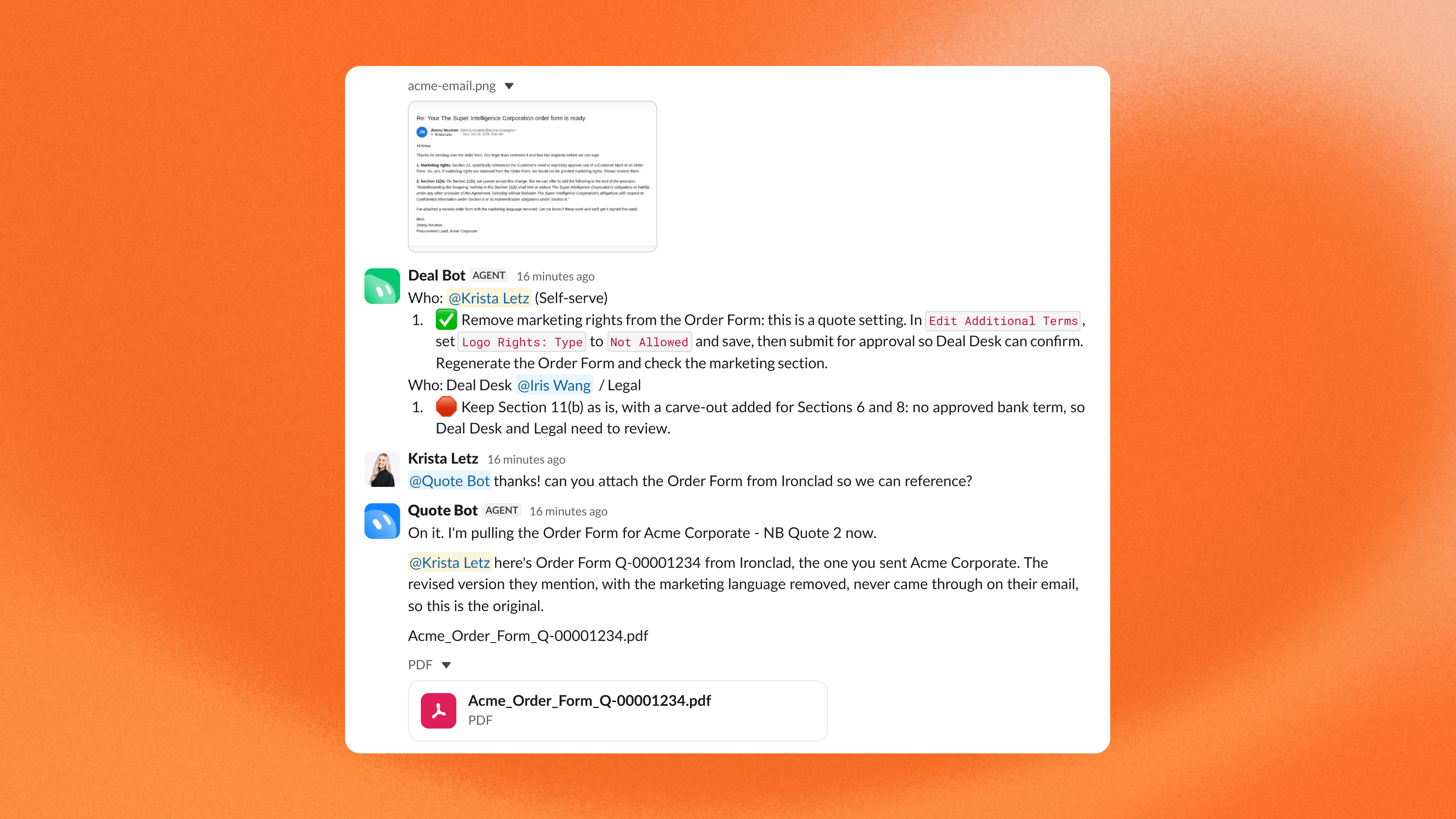 Deal Bot and Quote Bot coordinating an order-form revision in Slack after marketing language is removed