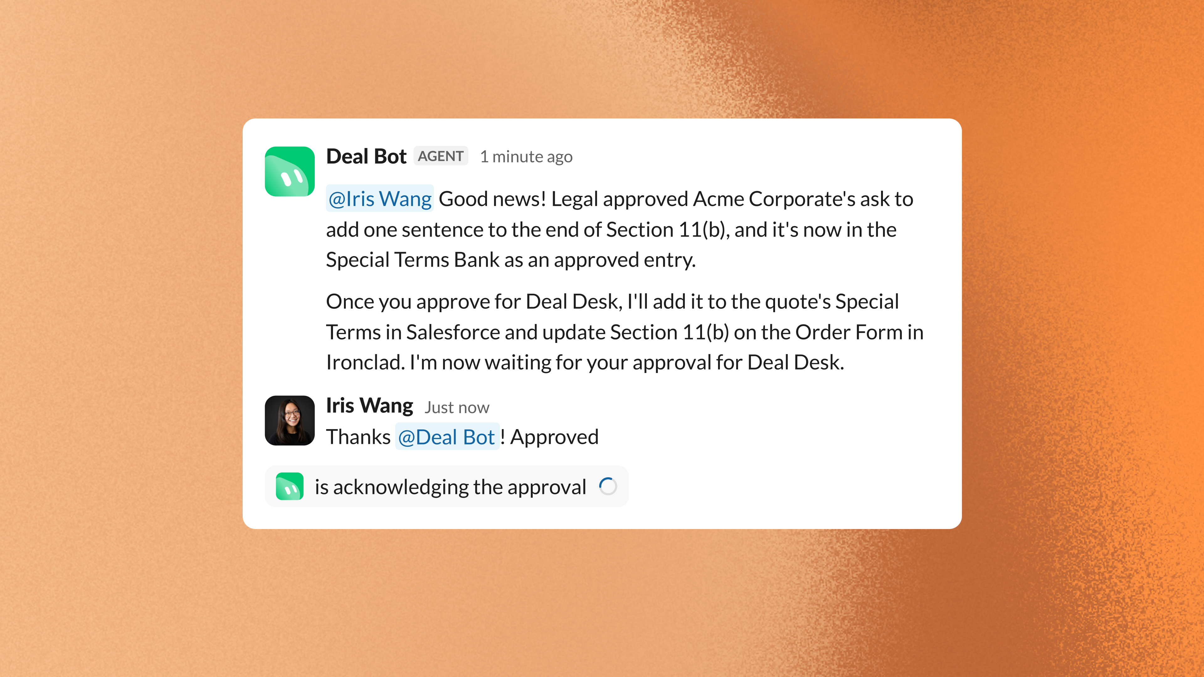 Deal Bot asking a Deal Desk specialist to approve adding already-cleared legal language to a quote's special terms