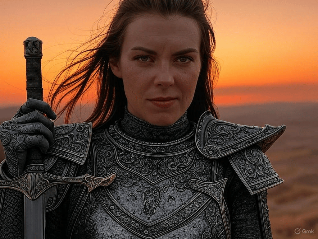 A female warrior holding a sword, with intricate armor and a confident expression.