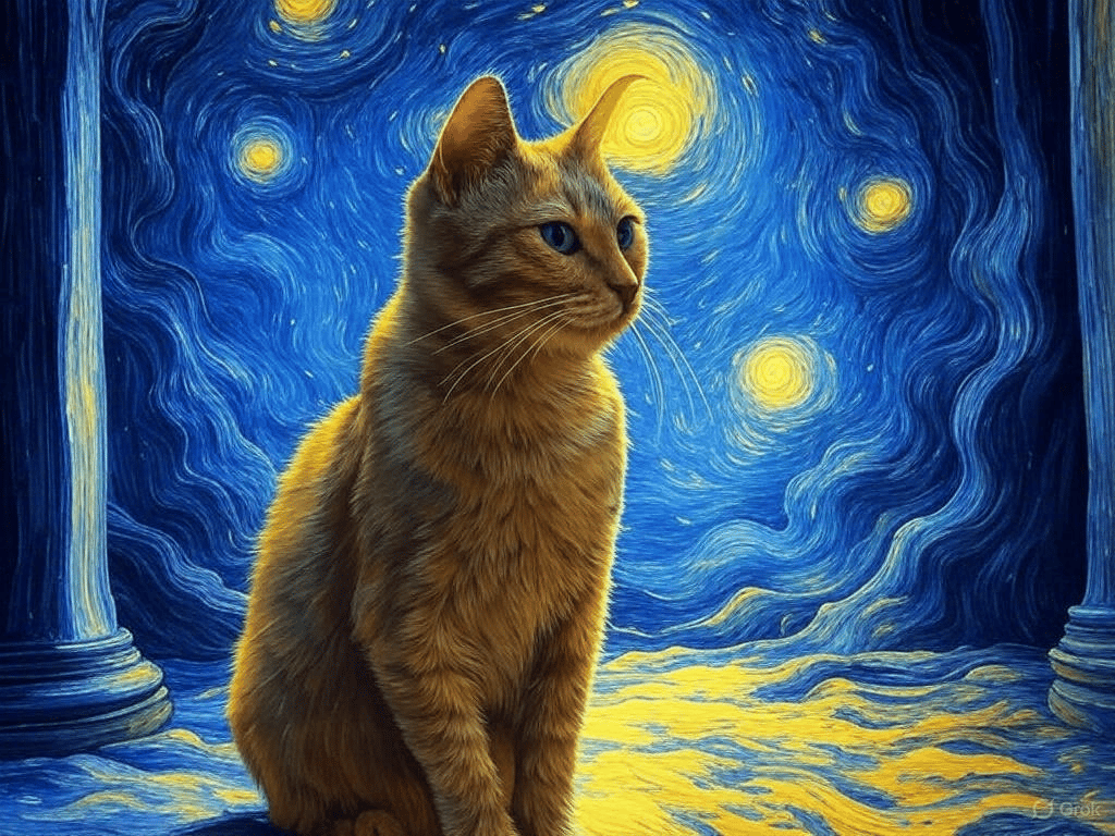 A superposition of a cat in a hyperbolic time chamber in the style of Van Gogh.