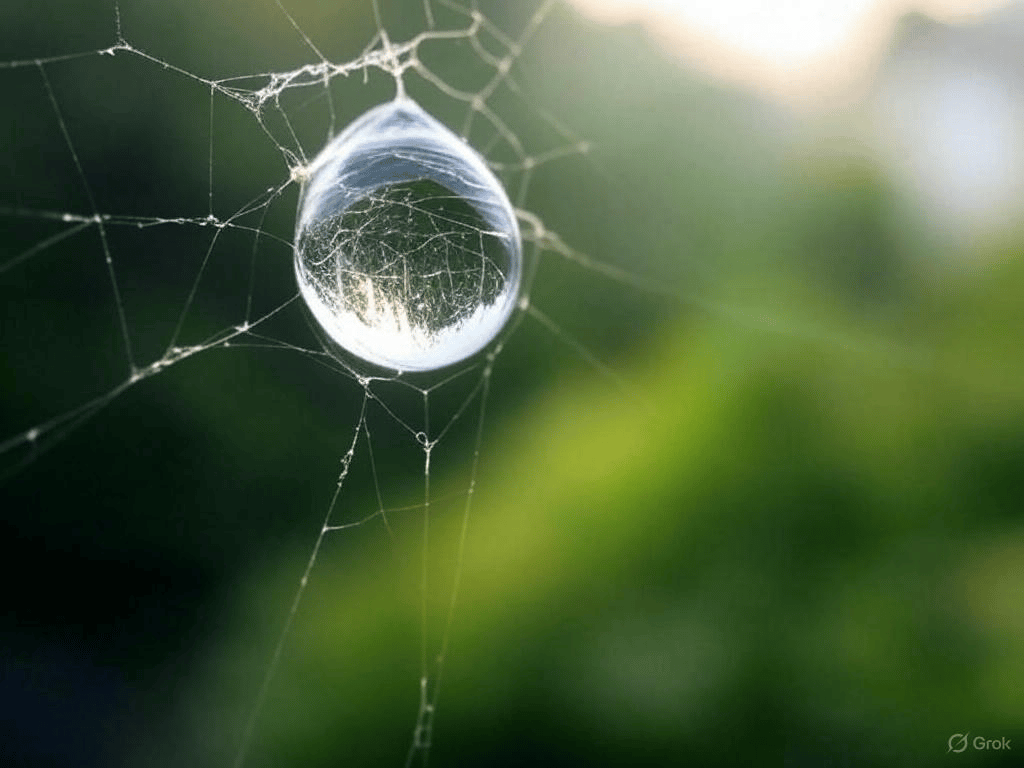 A dewdrop on a spider web, with the intricate patterns of the web and the refraction of light.