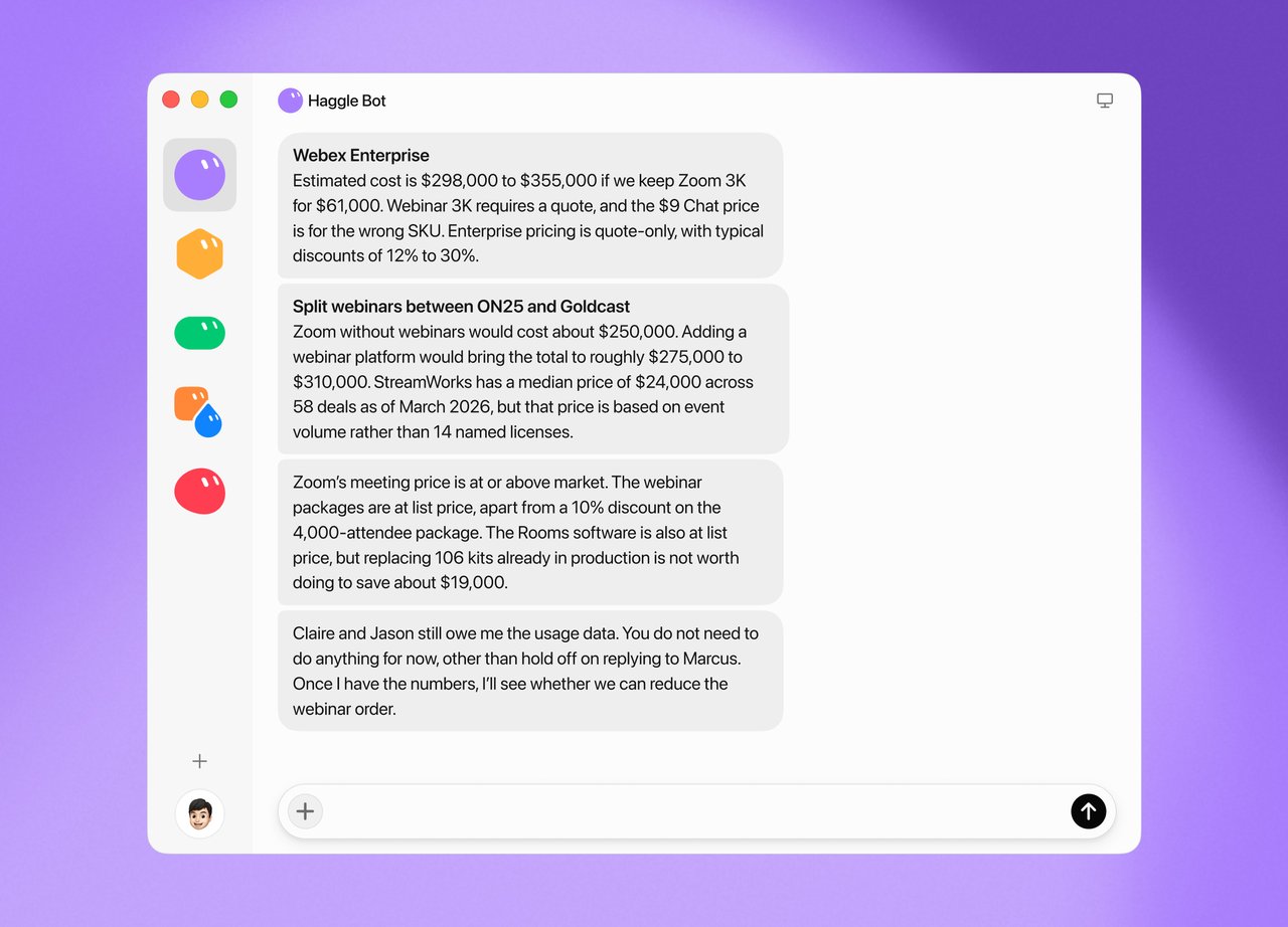 Haggle Bot comparing Webex, Zoom and other meeting vendors