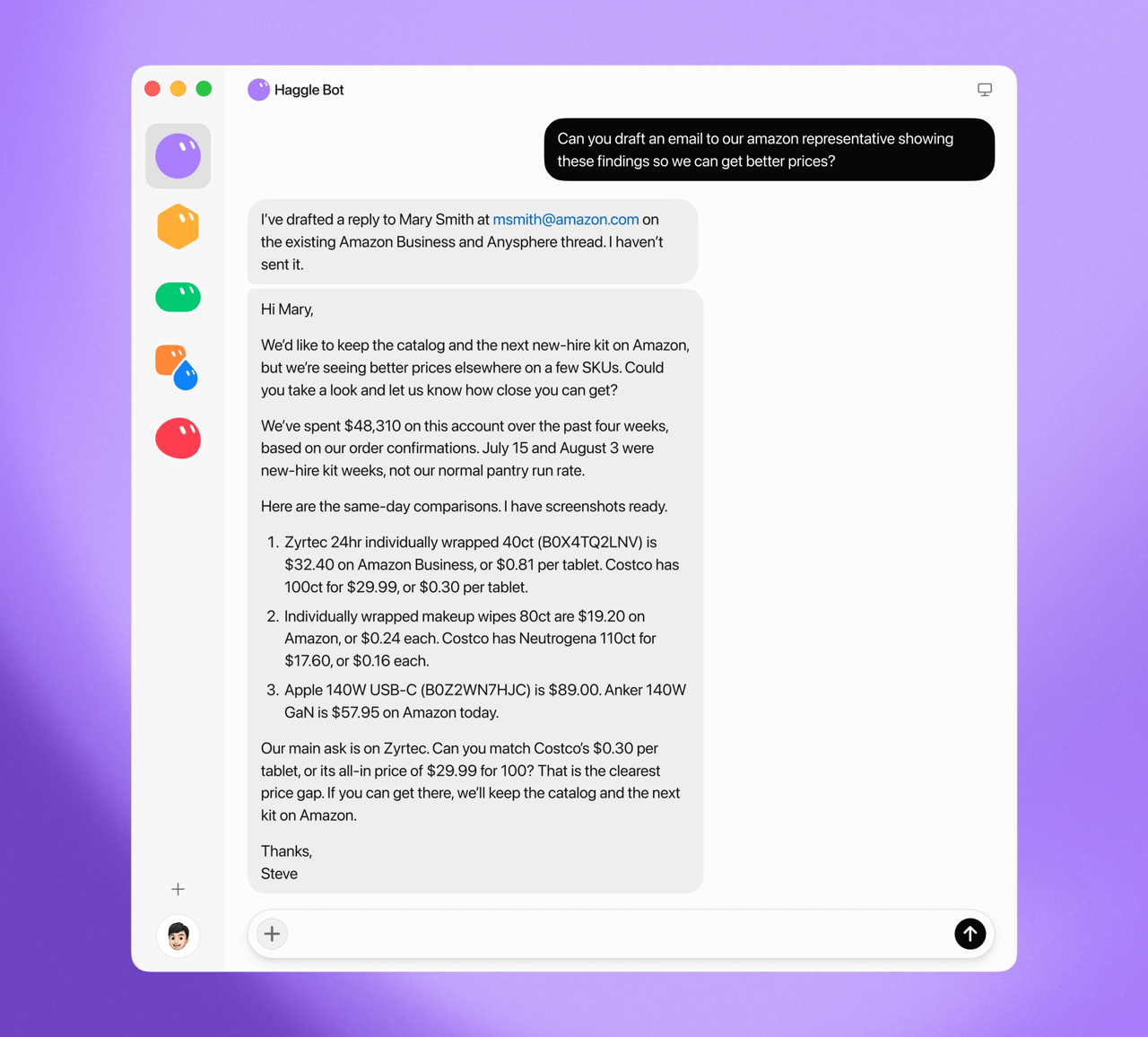 Haggle Bot drafting an Amazon Business price-match email