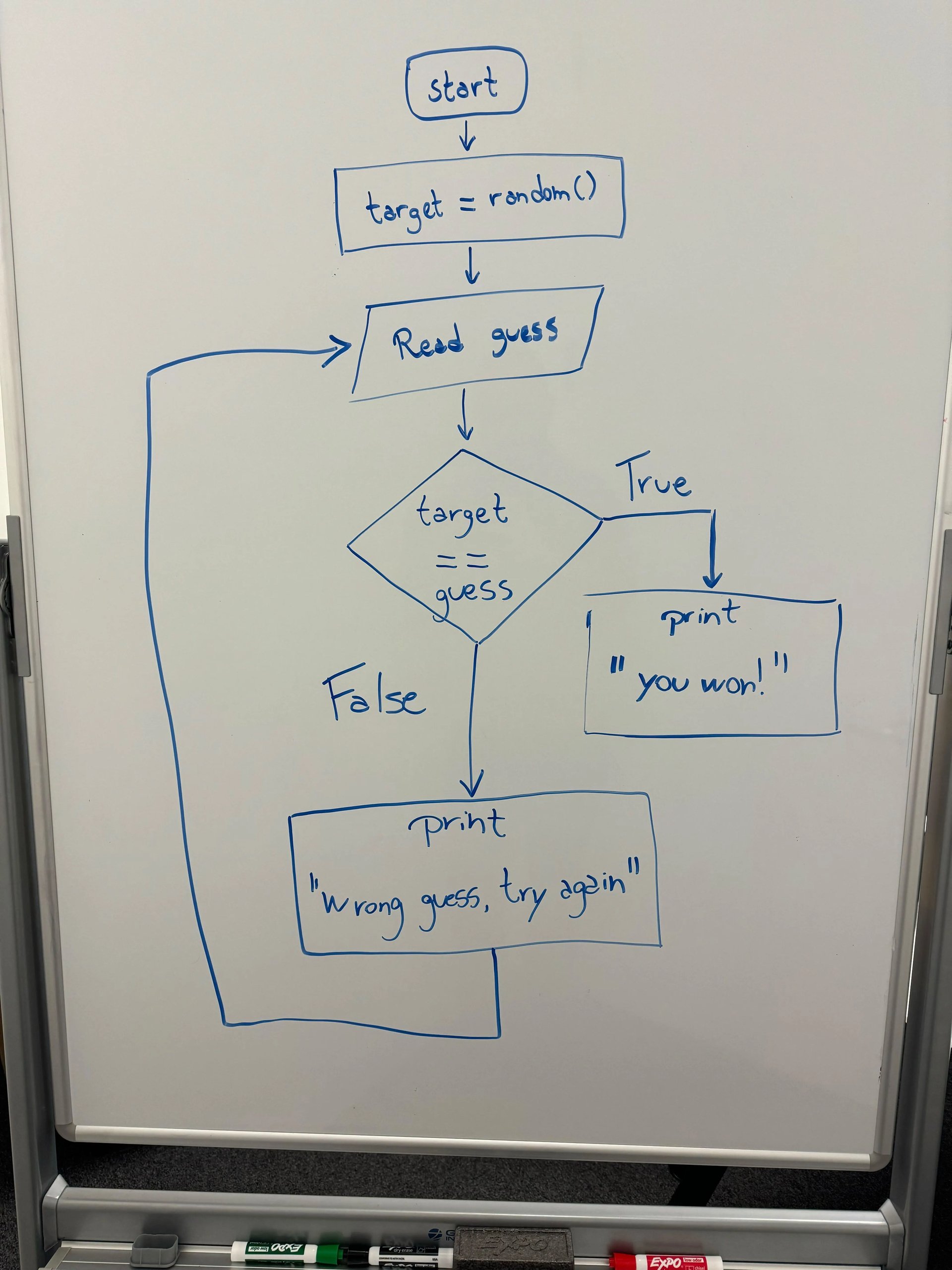A diagram describing a guessing game with a flowchart of the game logic and user interactions