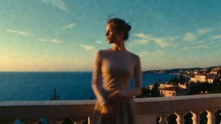 A woman on a balcony overlooking the sea