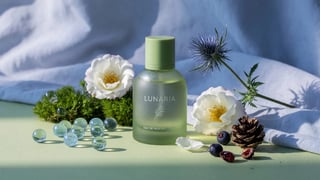 A frosted green Lunaria perfume bottle among white roses, moss, glass marbles, and a thistle