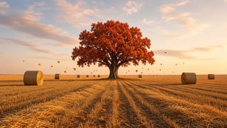 Oak tree over a harvested field