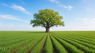 Oak tree over young green wheat