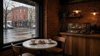 Reference photo of a café table by a rainy window with two coffees and two croissants