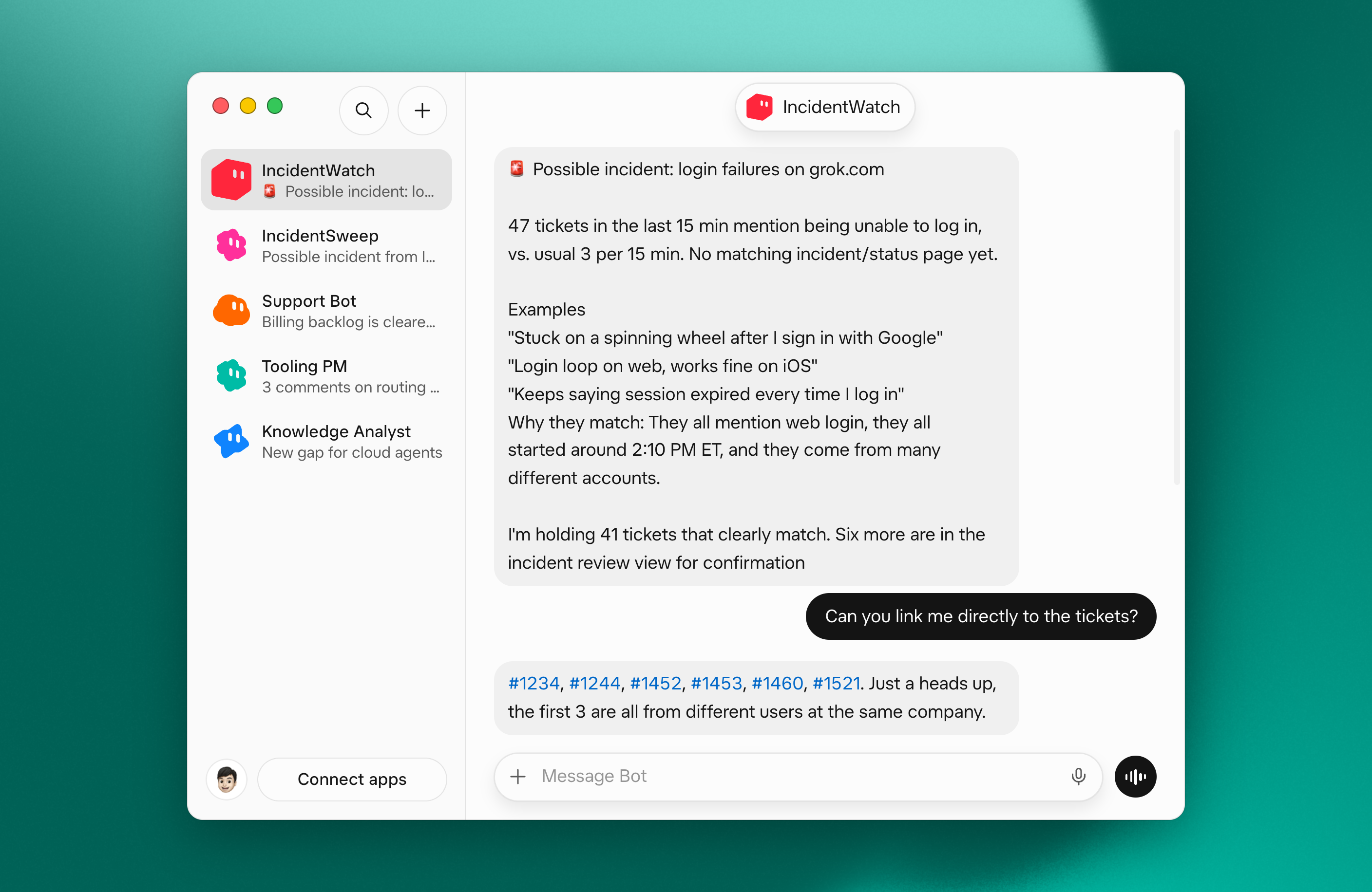 IncidentWatch alerting the on-call engineer about a possible login-failure incident, with example tickets and a count of matching tickets