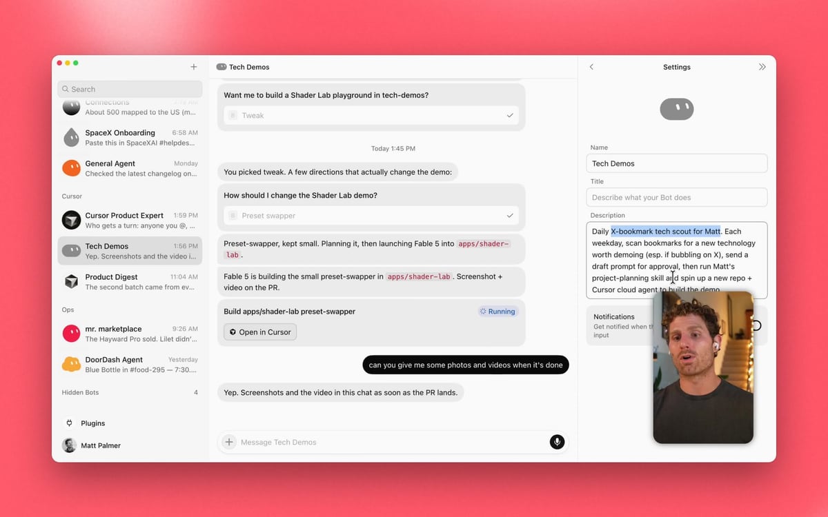 Grok Bot desktop app with the Bot settings panel open: a list of Bots in the sidebar, the Tech Demos chat in the middle, and Name, Title and Description fields on the right.
