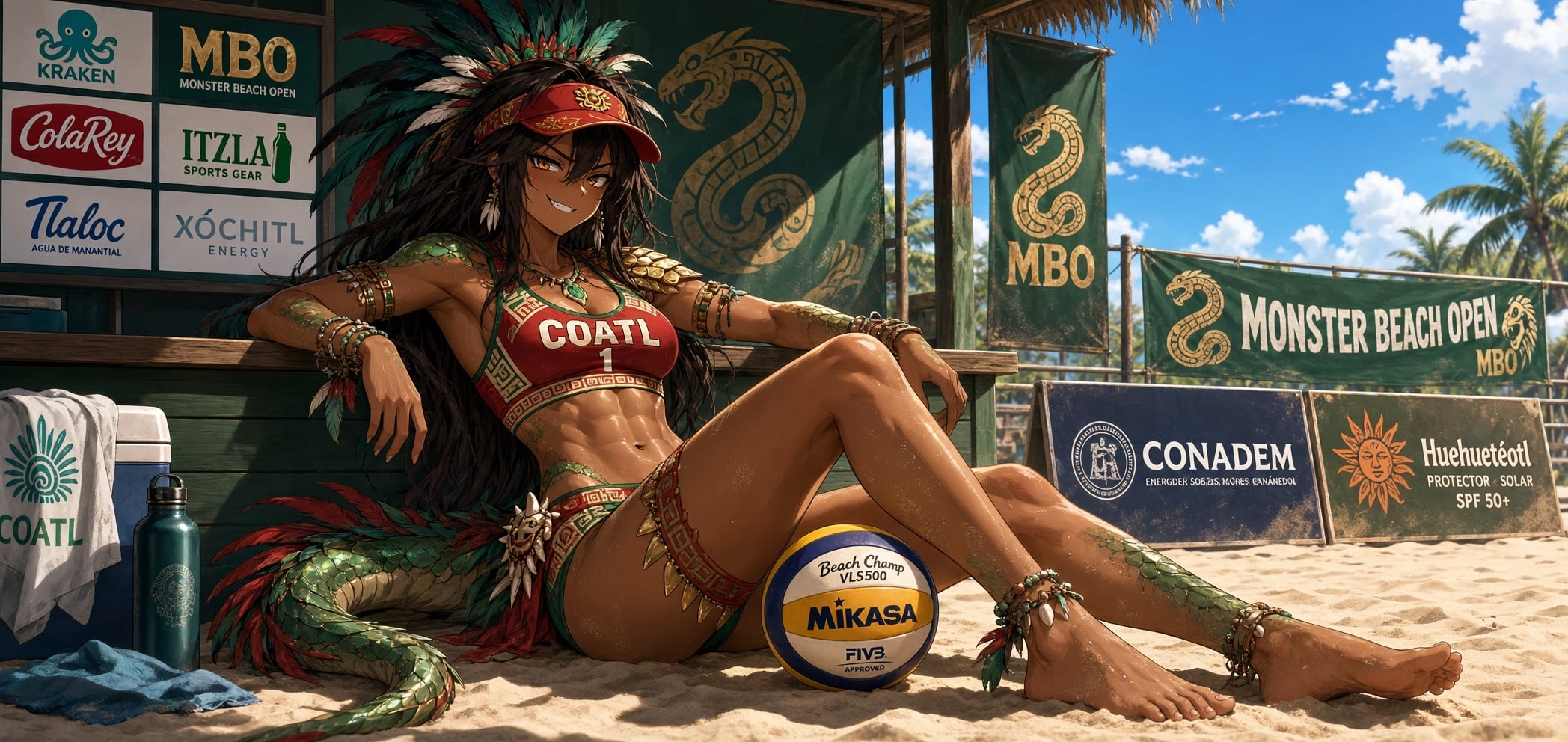 Anime beach volleyball player resting courtside among sponsor banners