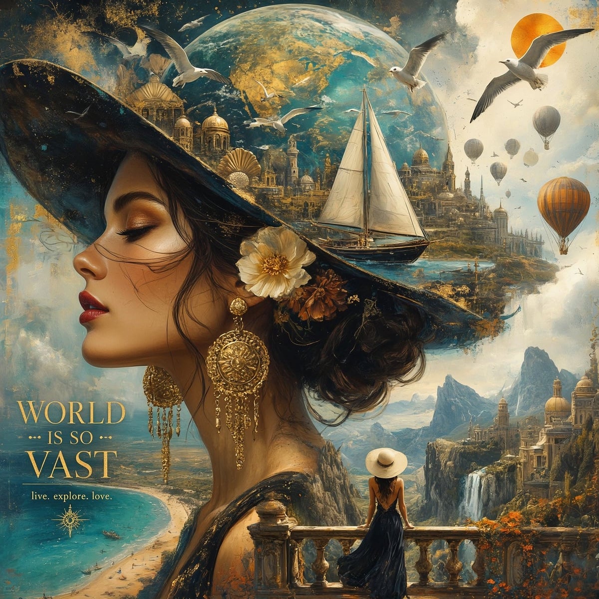 Surreal "World is so vast" travel poster of a woman with a world of ships and cities in her hat