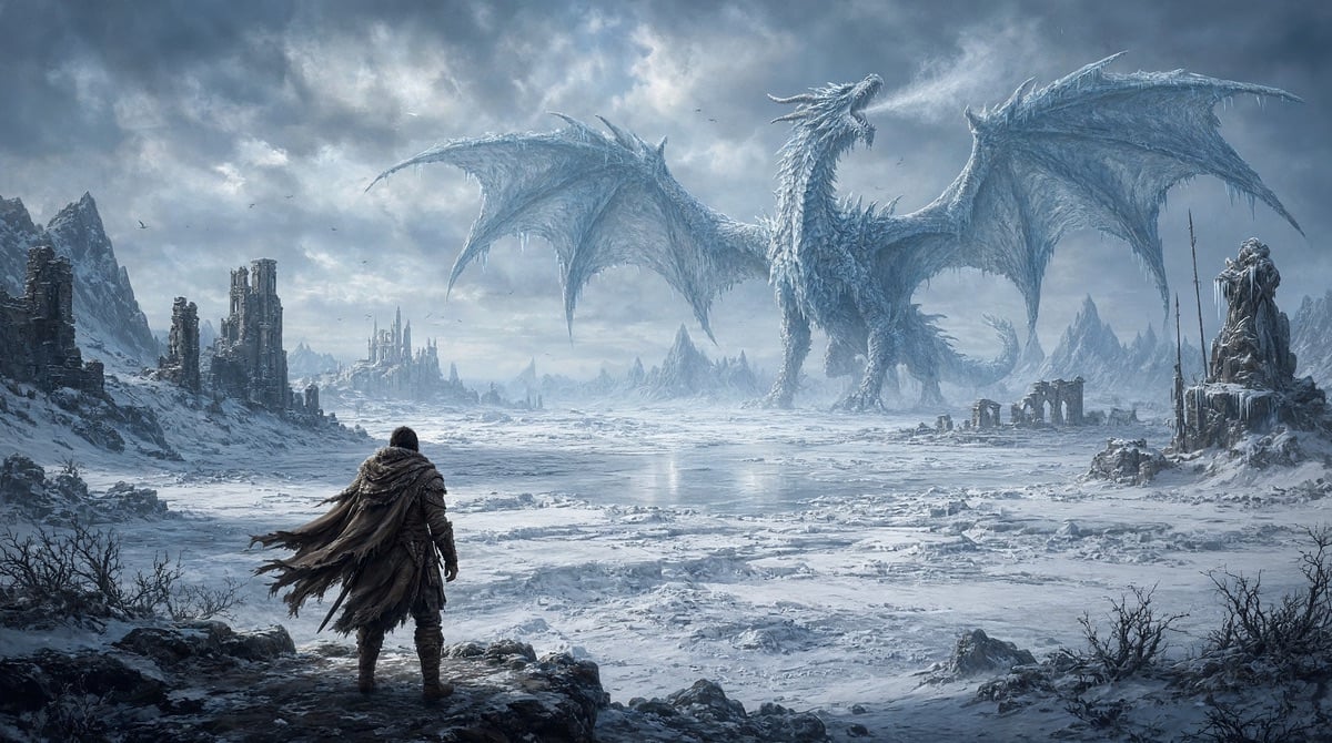 Wanderer facing two white dragons across a frozen wasteland