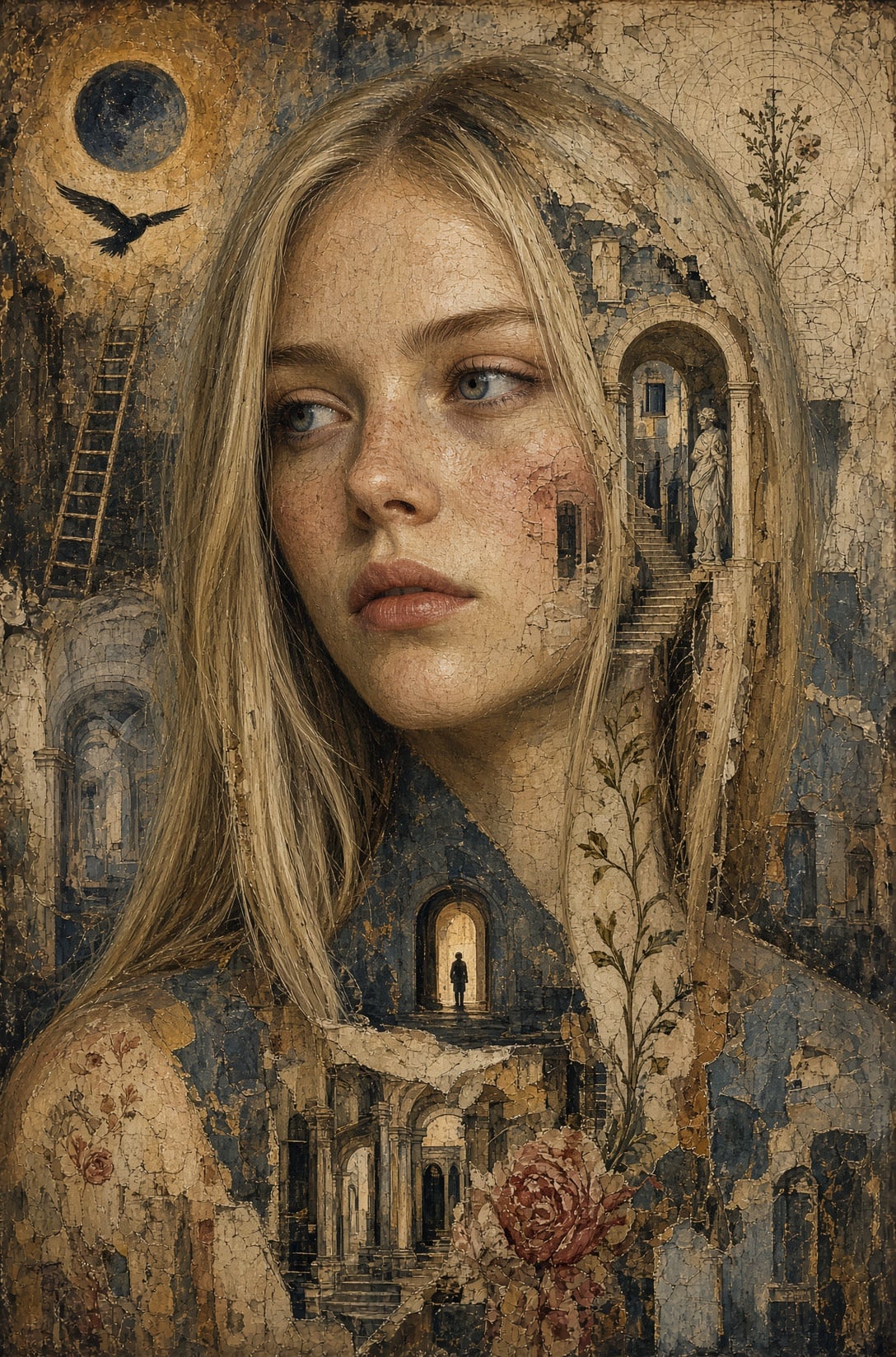 Portrait of a woman blended into a weathered medieval fresco
