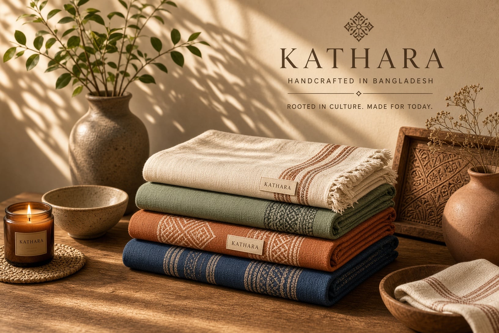 Product photo of handwoven textiles stacked on a wooden table
