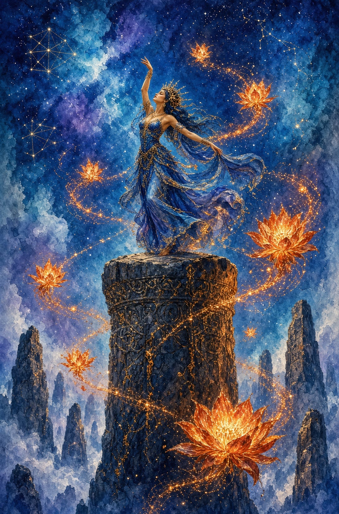 Celestial dancer on a stone pillar surrounded by glowing lotus flowers