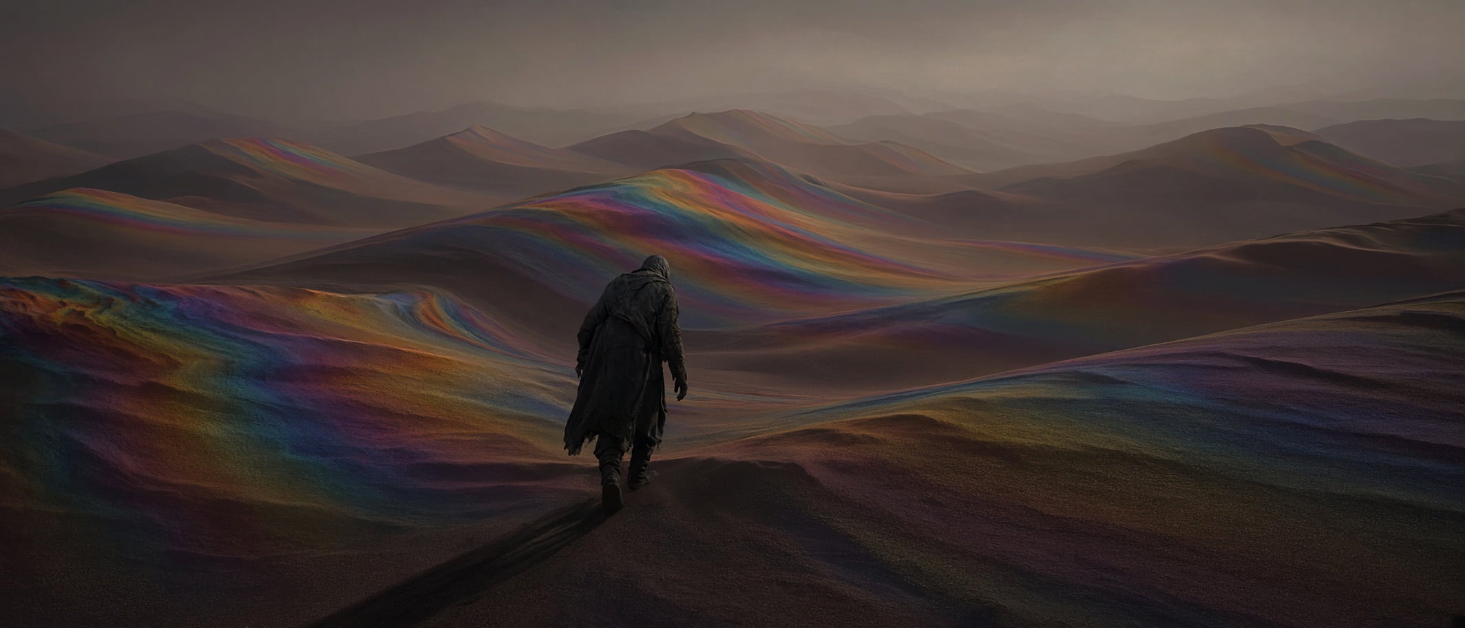 Cloaked figure crossing dunes streaked with iridescent color