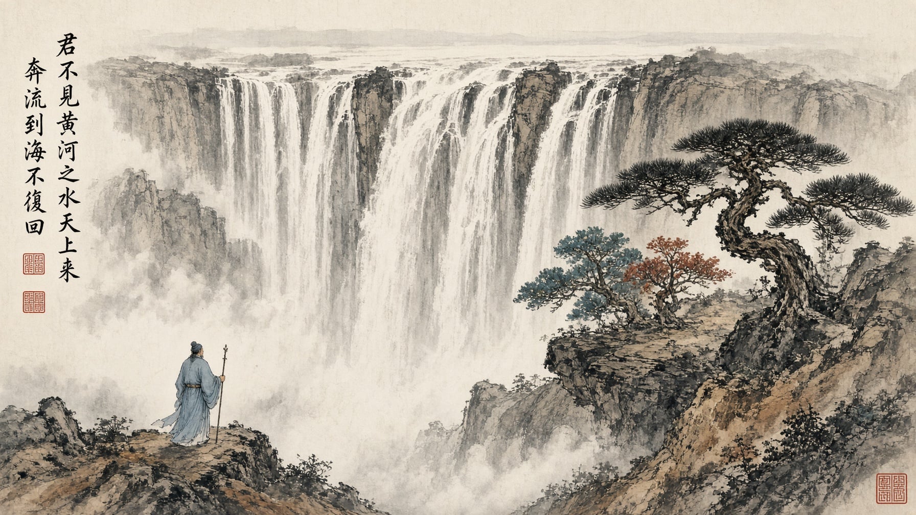 Classical Chinese ink painting of a waterfall with a robed figure