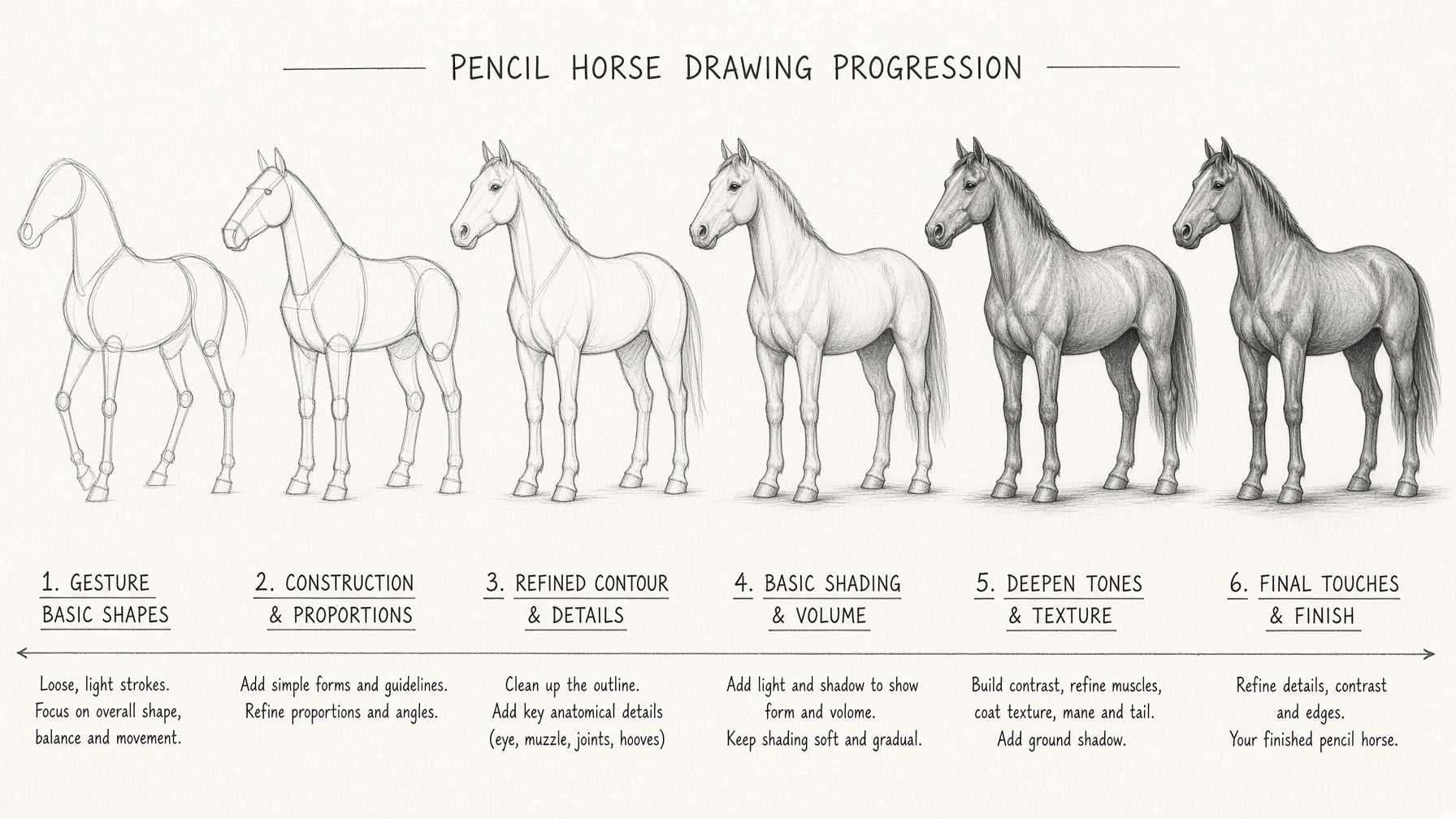 Step-by-step pencil horse drawing tutorial sheet
