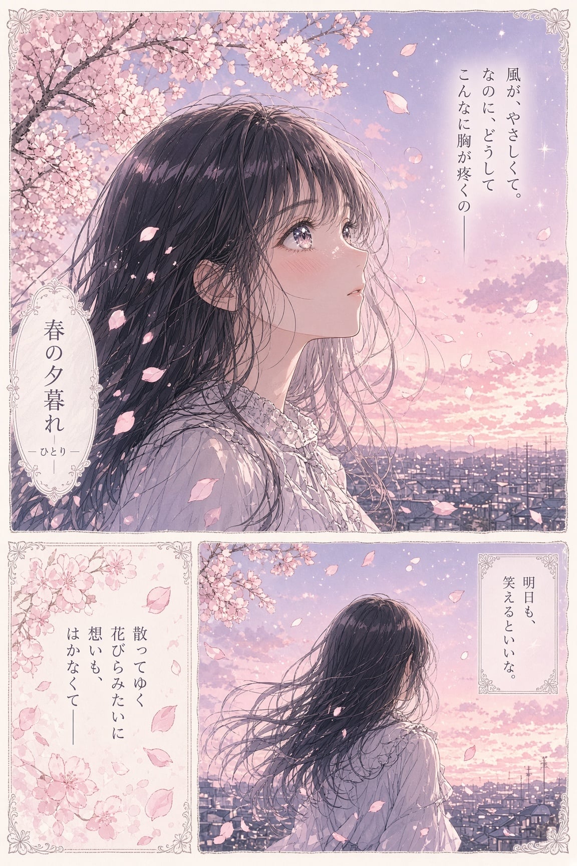 Soft anime manga page of a girl among drifting cherry blossoms at dusk