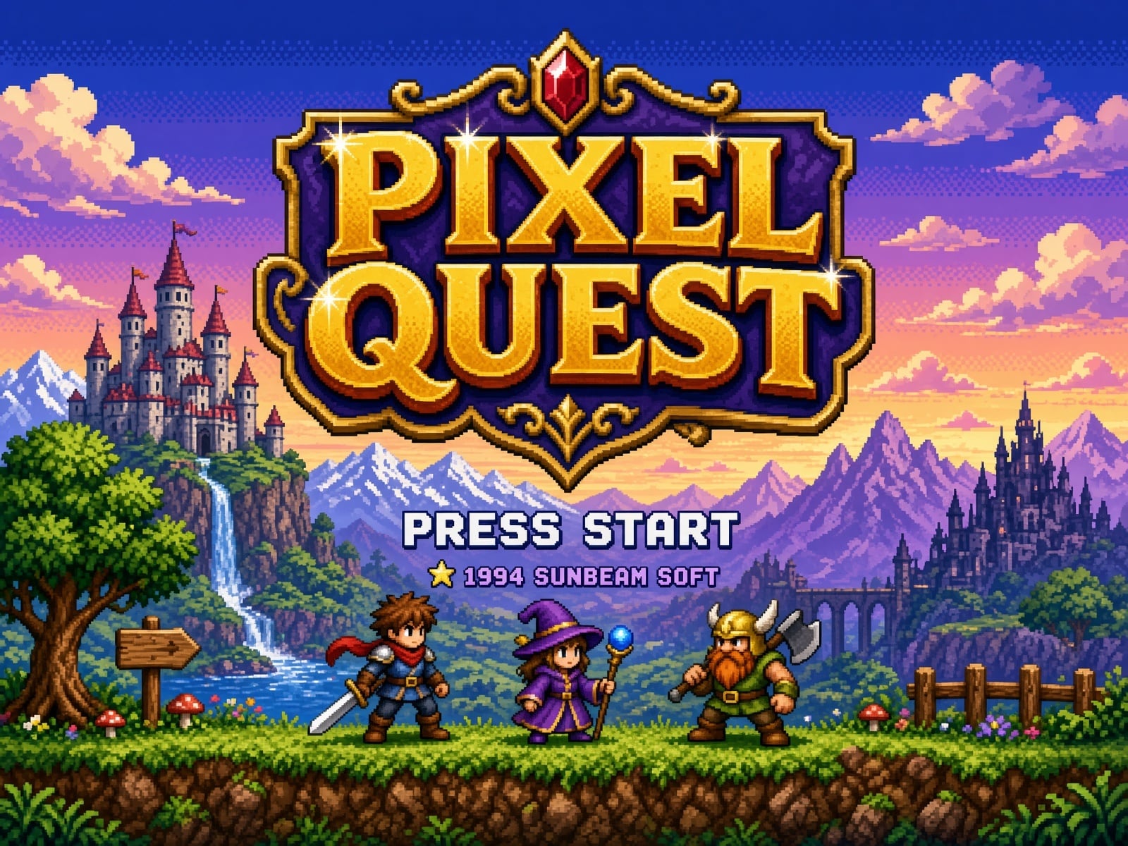 Retro pixel-art RPG title screen with a castle and adventurers