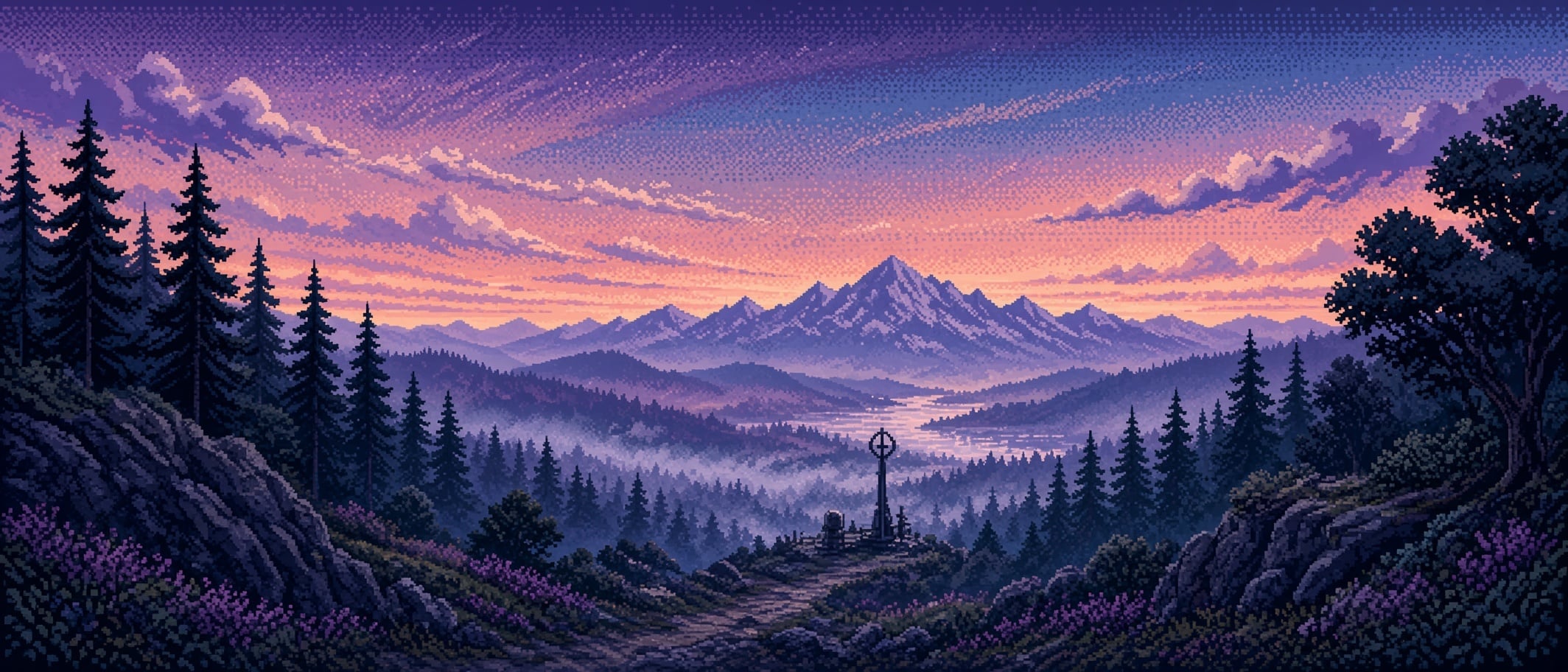 Pixel-art twilight valley with pine forests and a distant mountain