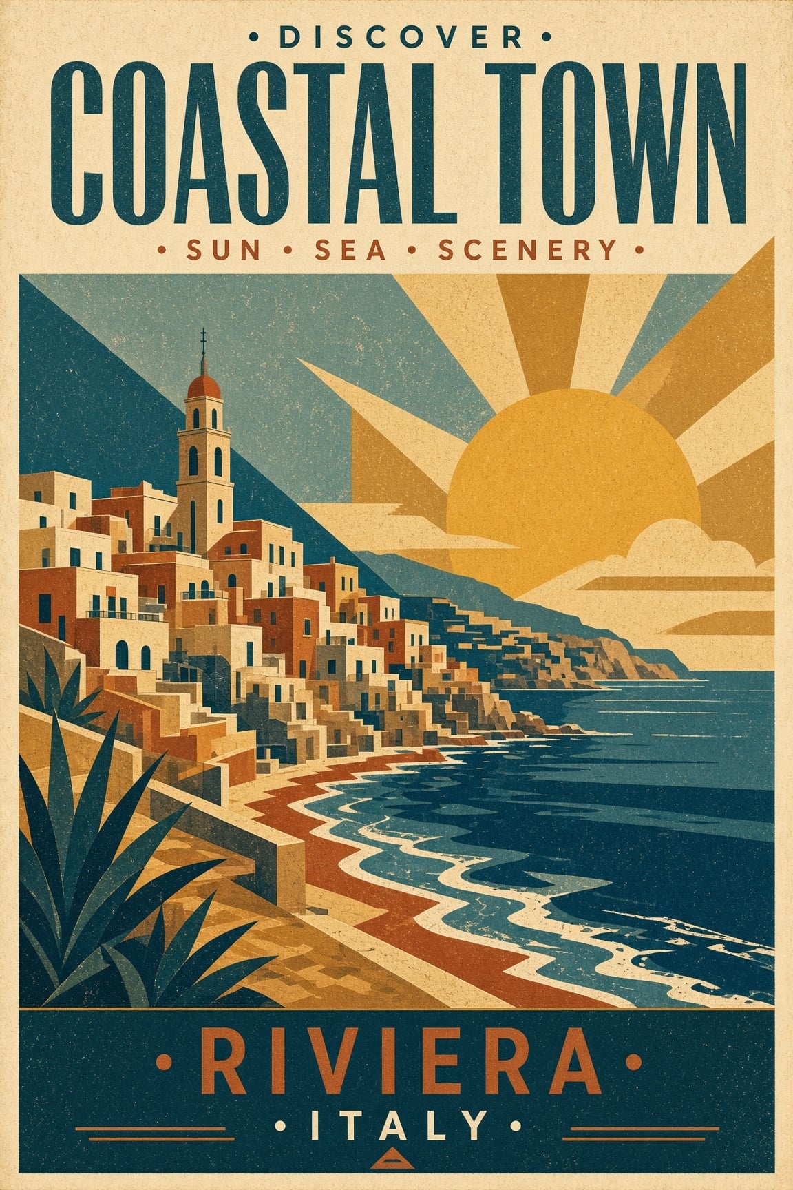 Vintage travel poster of an Italian Riviera coastal town