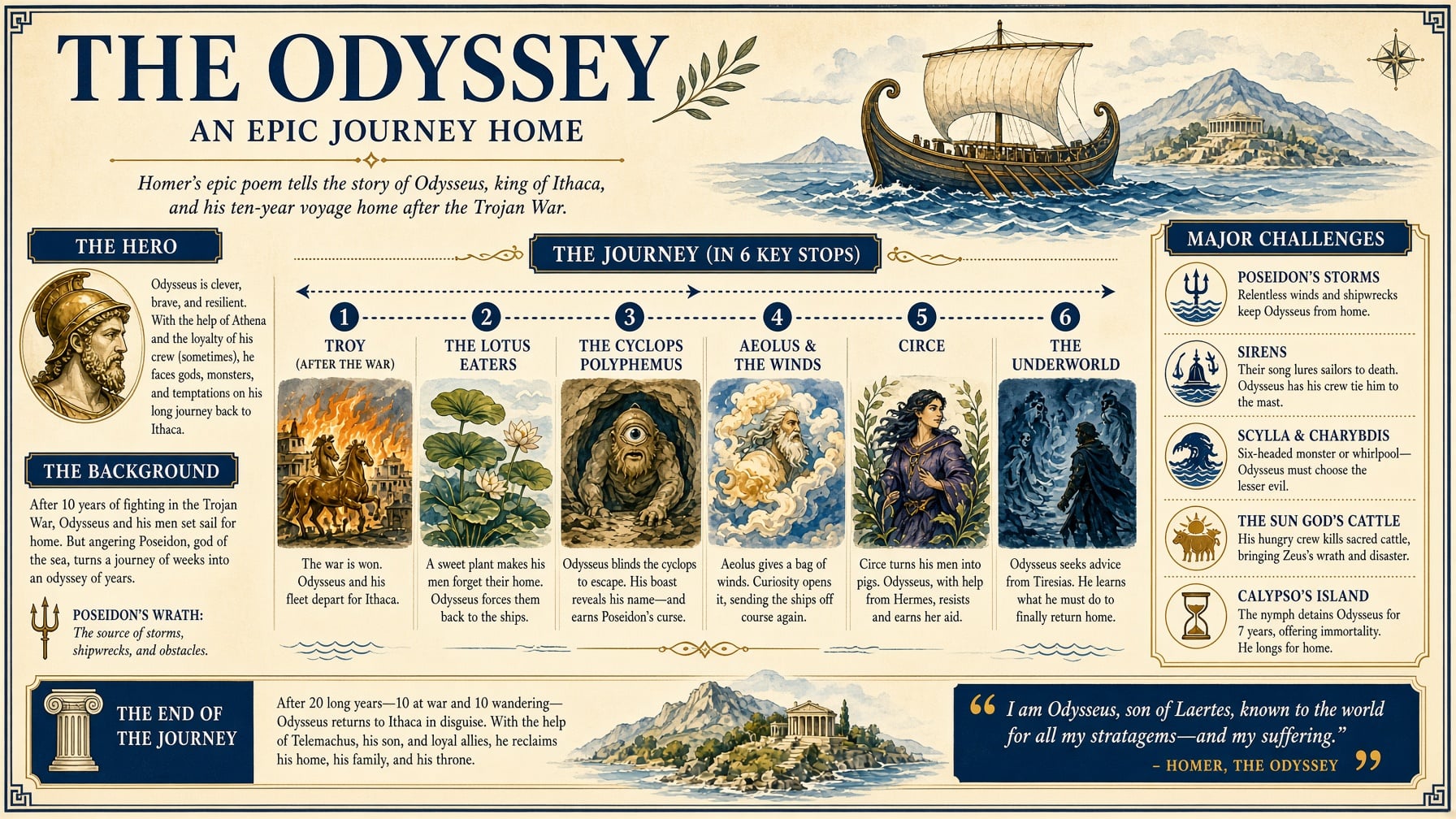 Illustrated "The Odyssey" infographic mapping the voyage of Odysseus home through six key stops