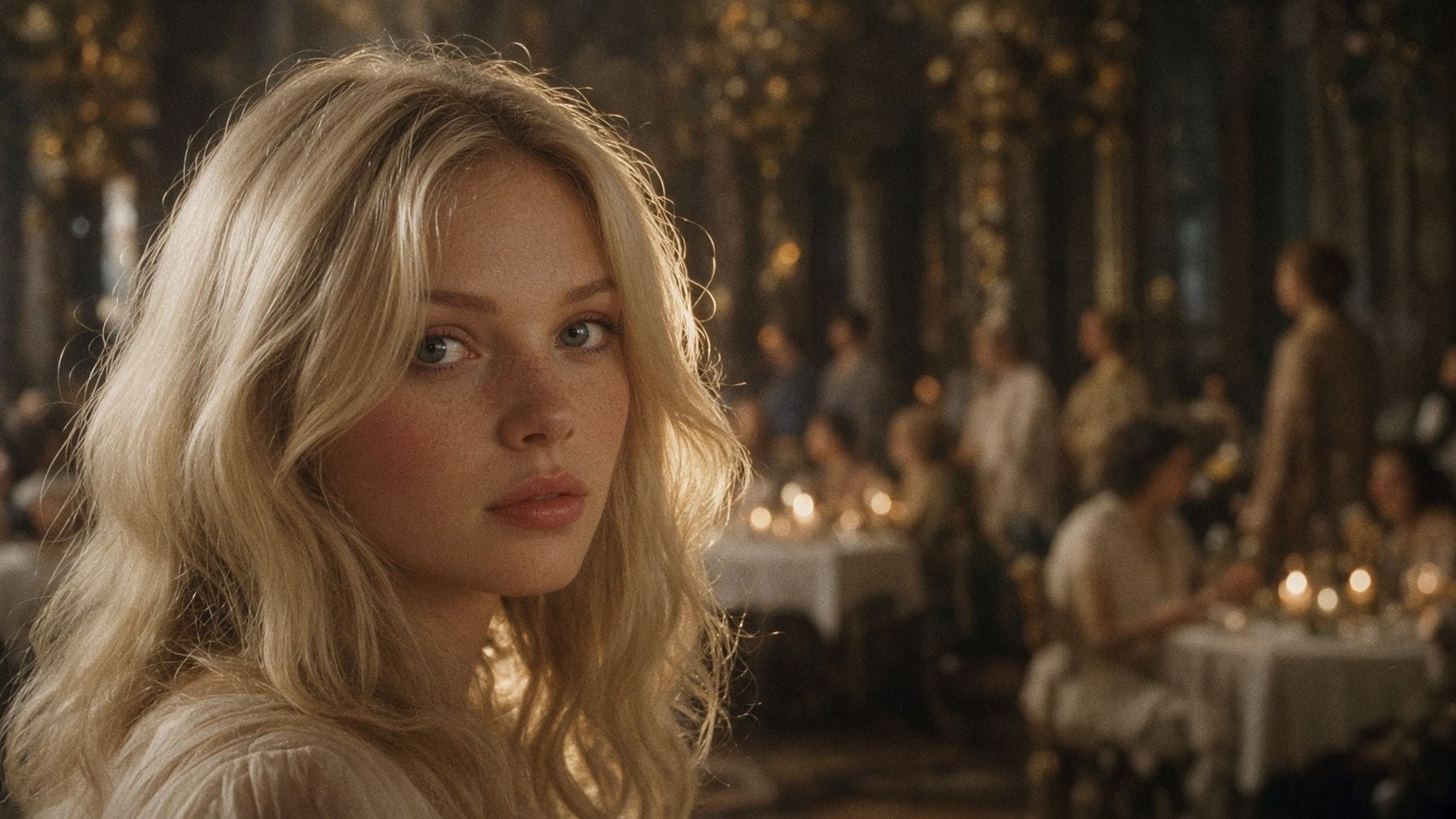 Cinematic close-up of a blonde woman glancing back across a candlelit ballroom