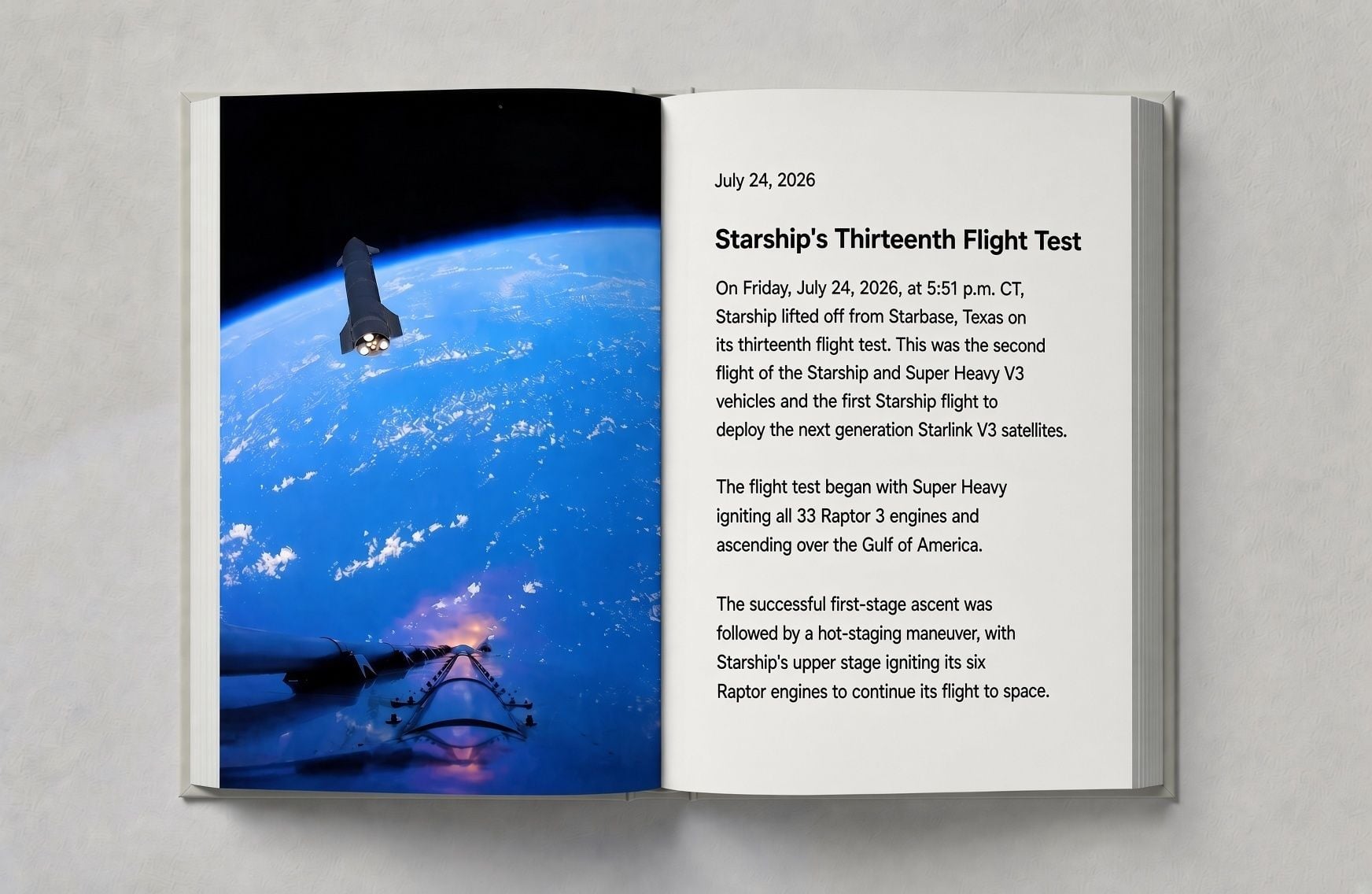 Open photo book spread on the thirteenth Starship flight test, an orbital launch photograph facing a printed page of text