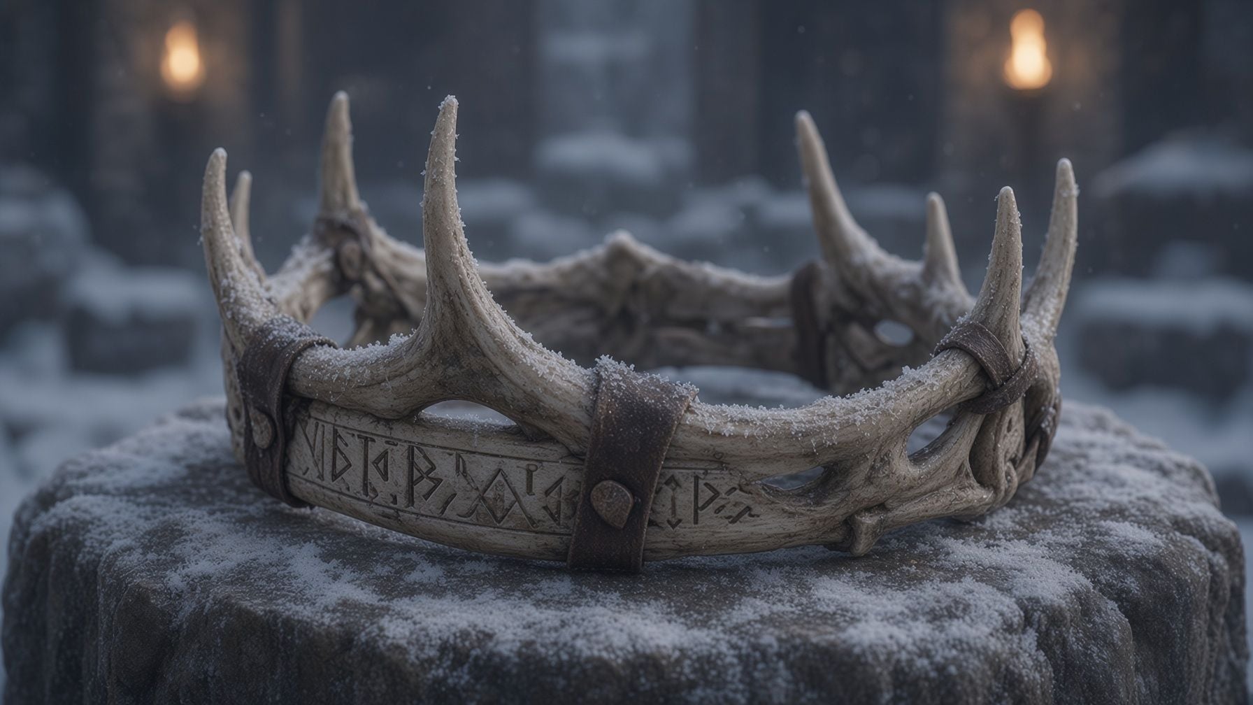 Rune-carved antler crown resting on a snow-dusted stone plinth