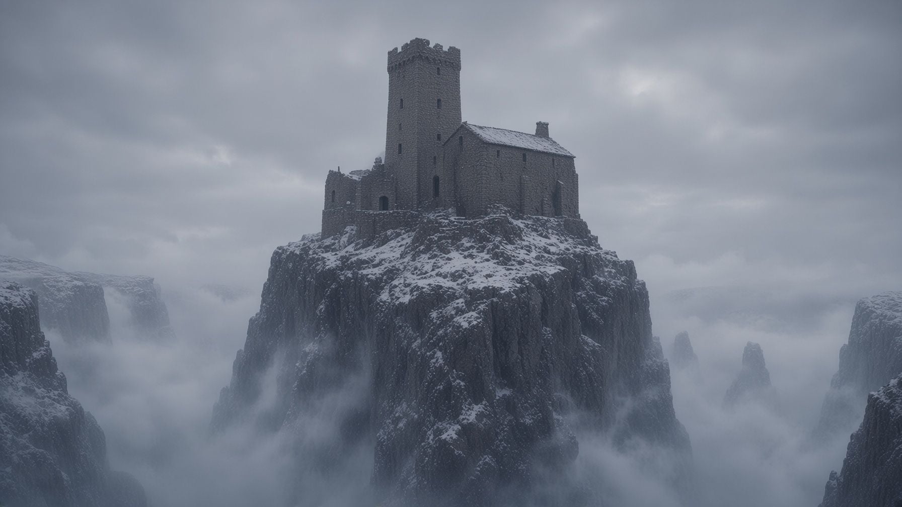 Fog-wrapped stone keep perched on a snowy clifftop spire