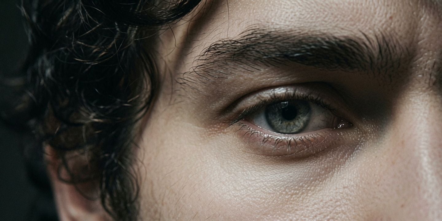 Extreme close-up of a grey-blue eye framed by dark curls and a heavy brow