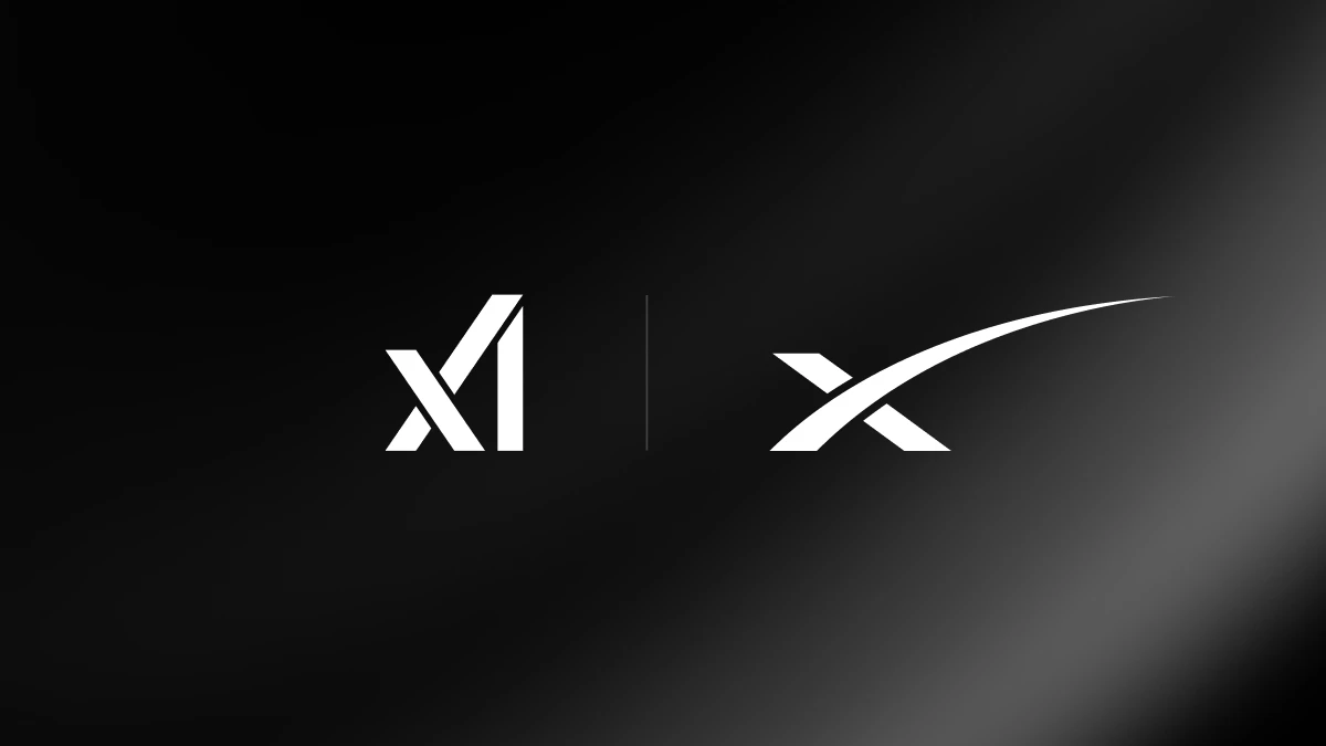 Official SpaceXAI news card for the xAI joins SpaceX announcement showing the xAI logo and the SpaceX logo separated by a thin vertical line on a black background